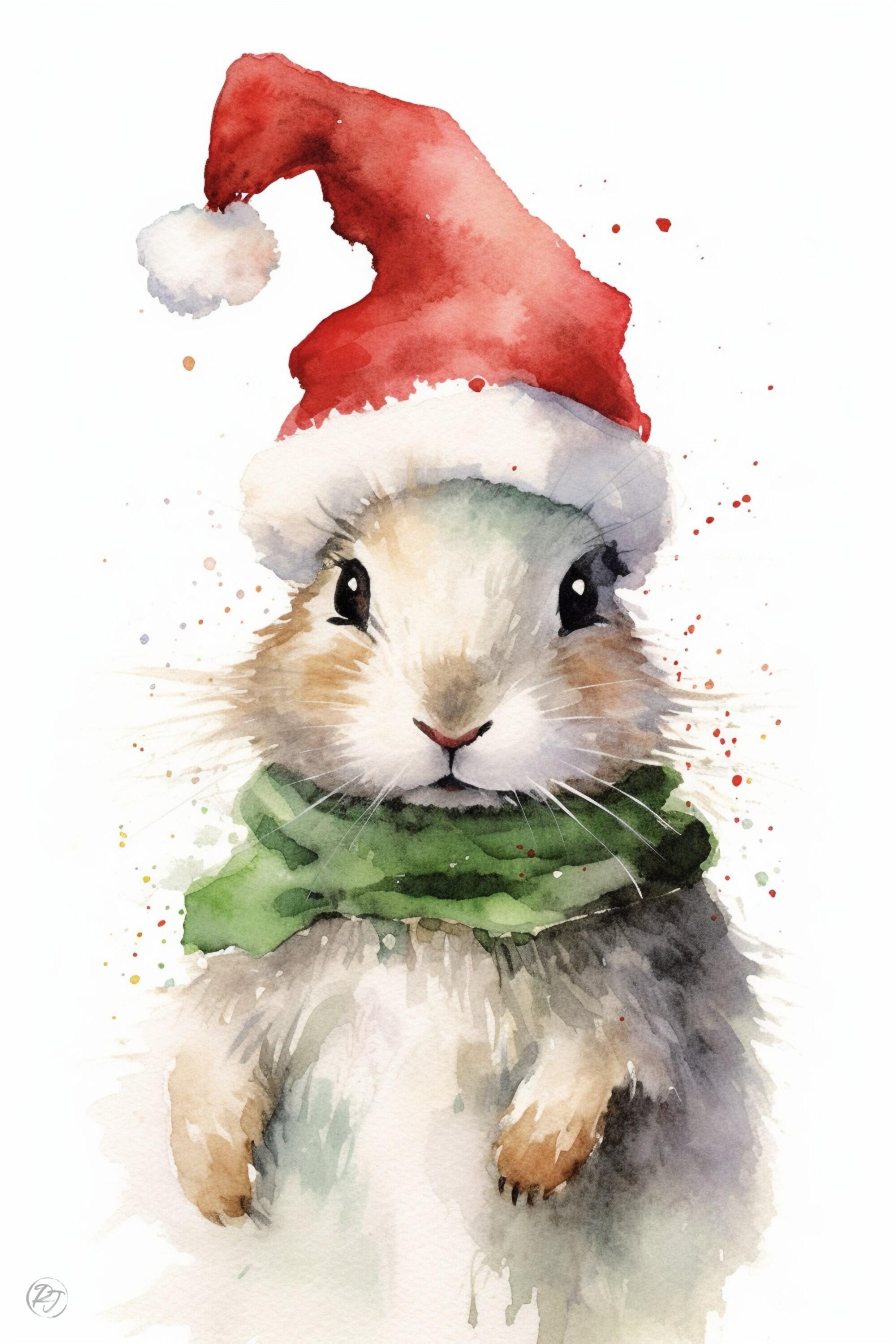 Festive Bunny in Santa Hat Watercolor Art Print, Giclee Print on Canvas, Artist Paper, Watercolor Paper, Available in Extra Large Sizes