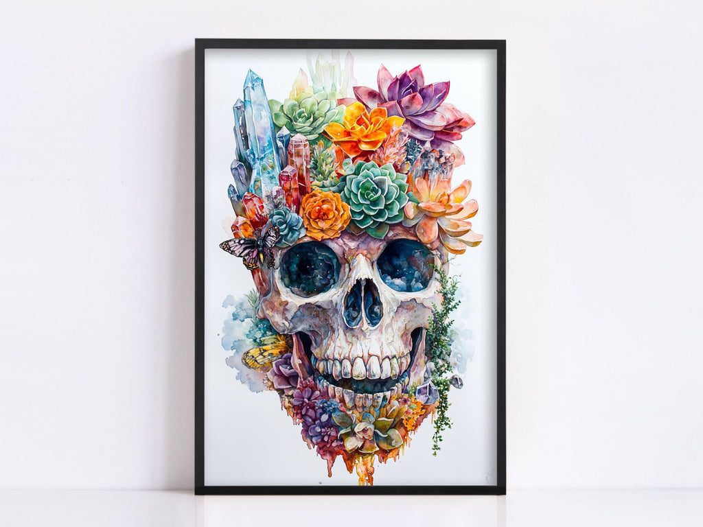 A framed artwork depicting a colorful, abstract skull with various flowers and plants growing on it.