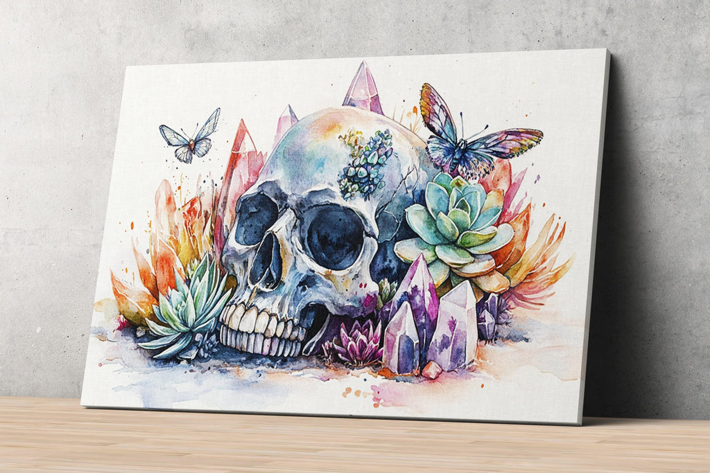 The image is a vibrant and colorful painting depicting a skull surrounded by various elements such as butterflies, flowers, and crystals.