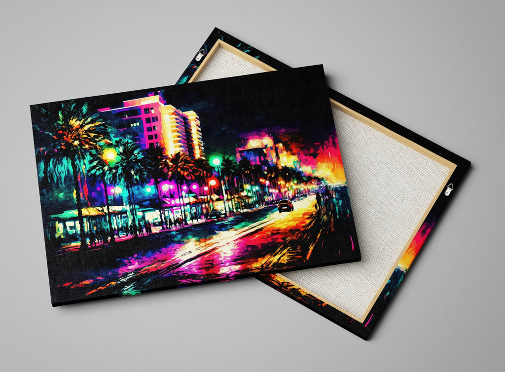 South Beach Canvas Art - Miami Skyline Art | Colorful Painting Print on Gallery-Ready Canvas