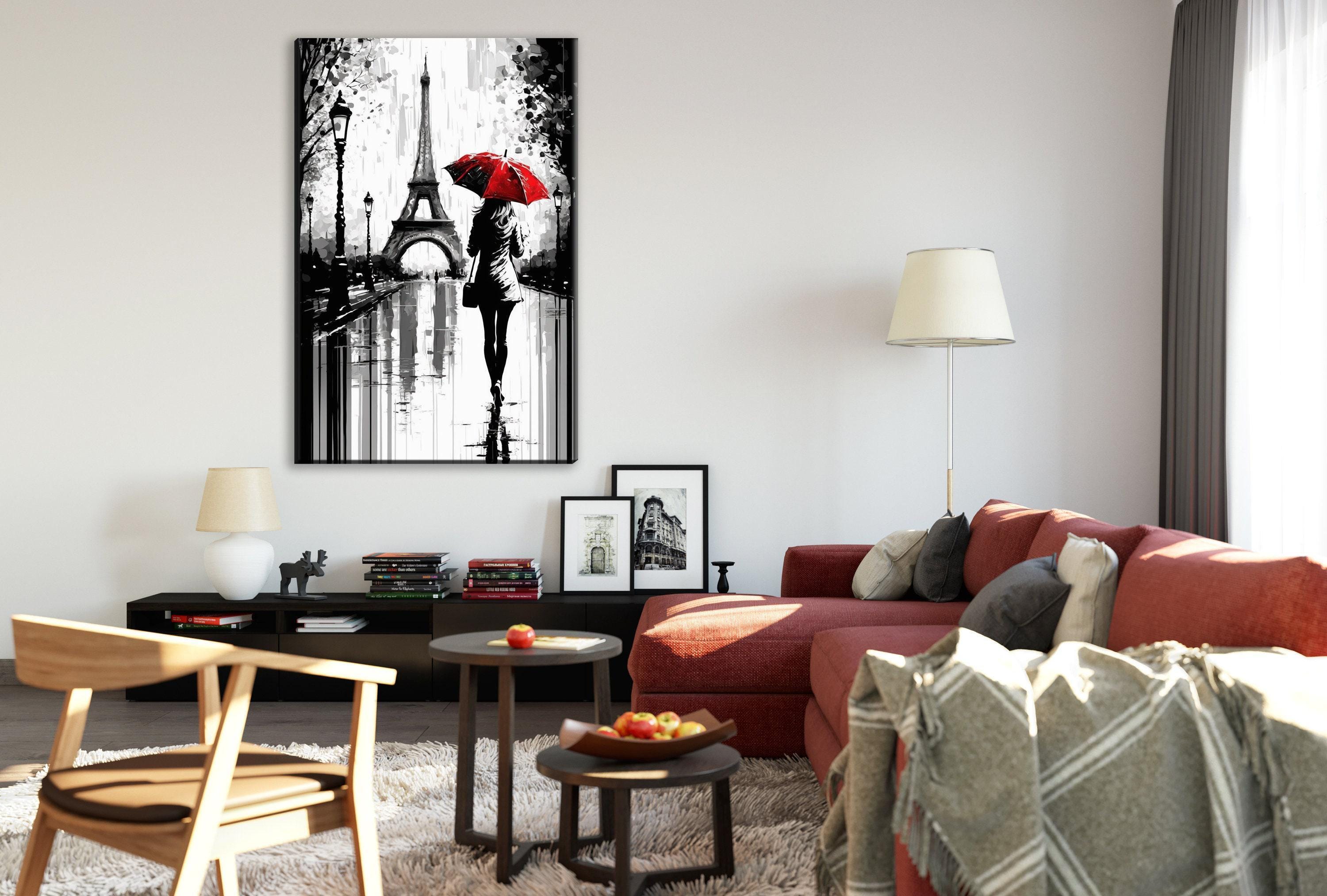 Paris Street Canvas – Woman with Red Umbrella | Black and White Art with Touch of Red
