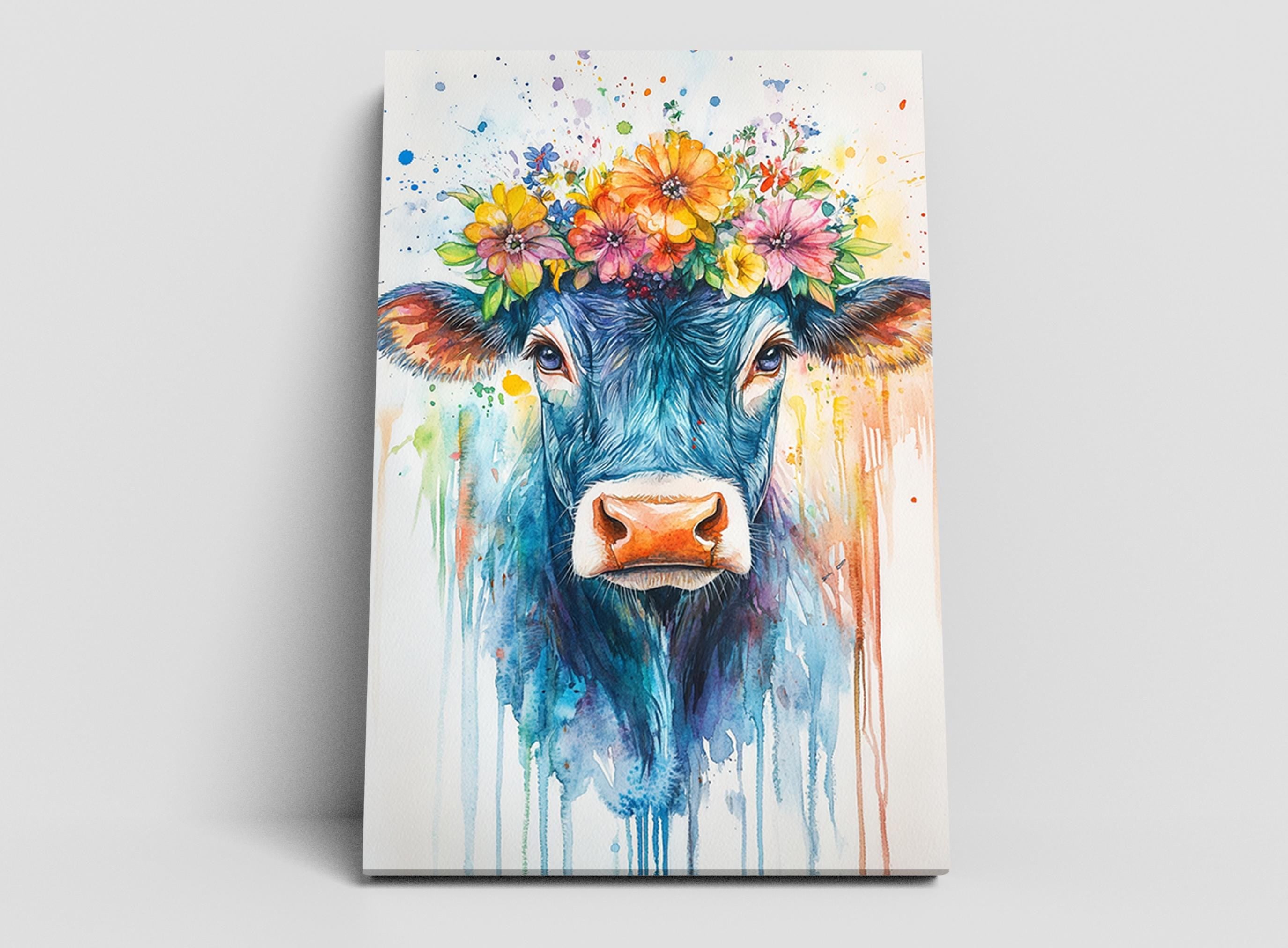 A colorful painting of a cow with a flower crown on its head, set against a white background with splashes of color.