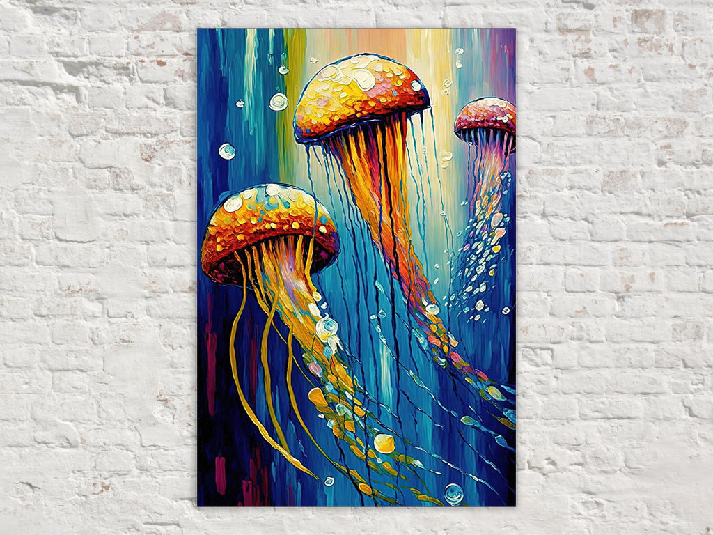 Jellyfish Art Print – Vibrant Trio Jellyfish Painting on Underwater Canvas