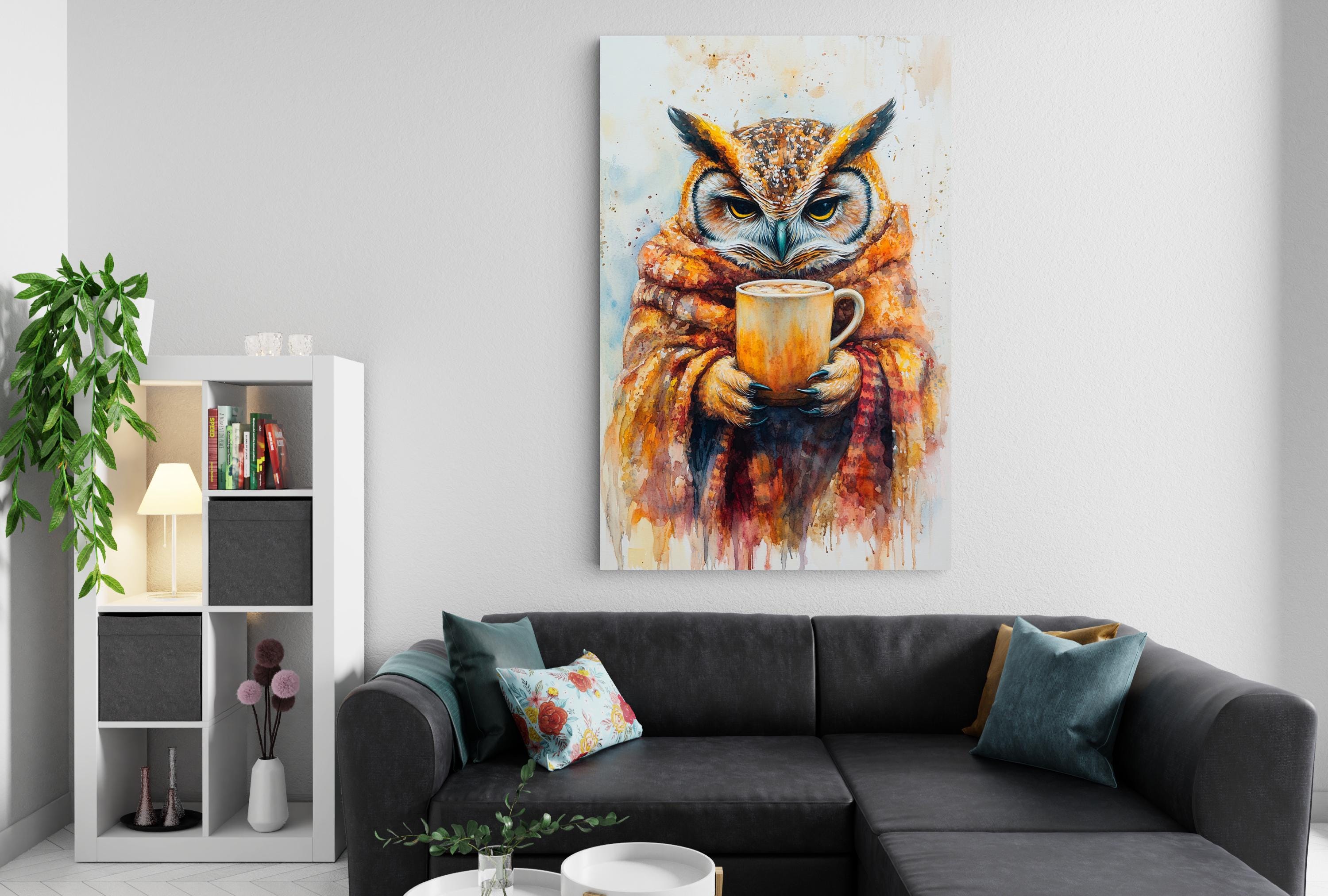 a cozy living room with a large painting of an owl holding a cup of coffee hanging on the wall above a black couch.