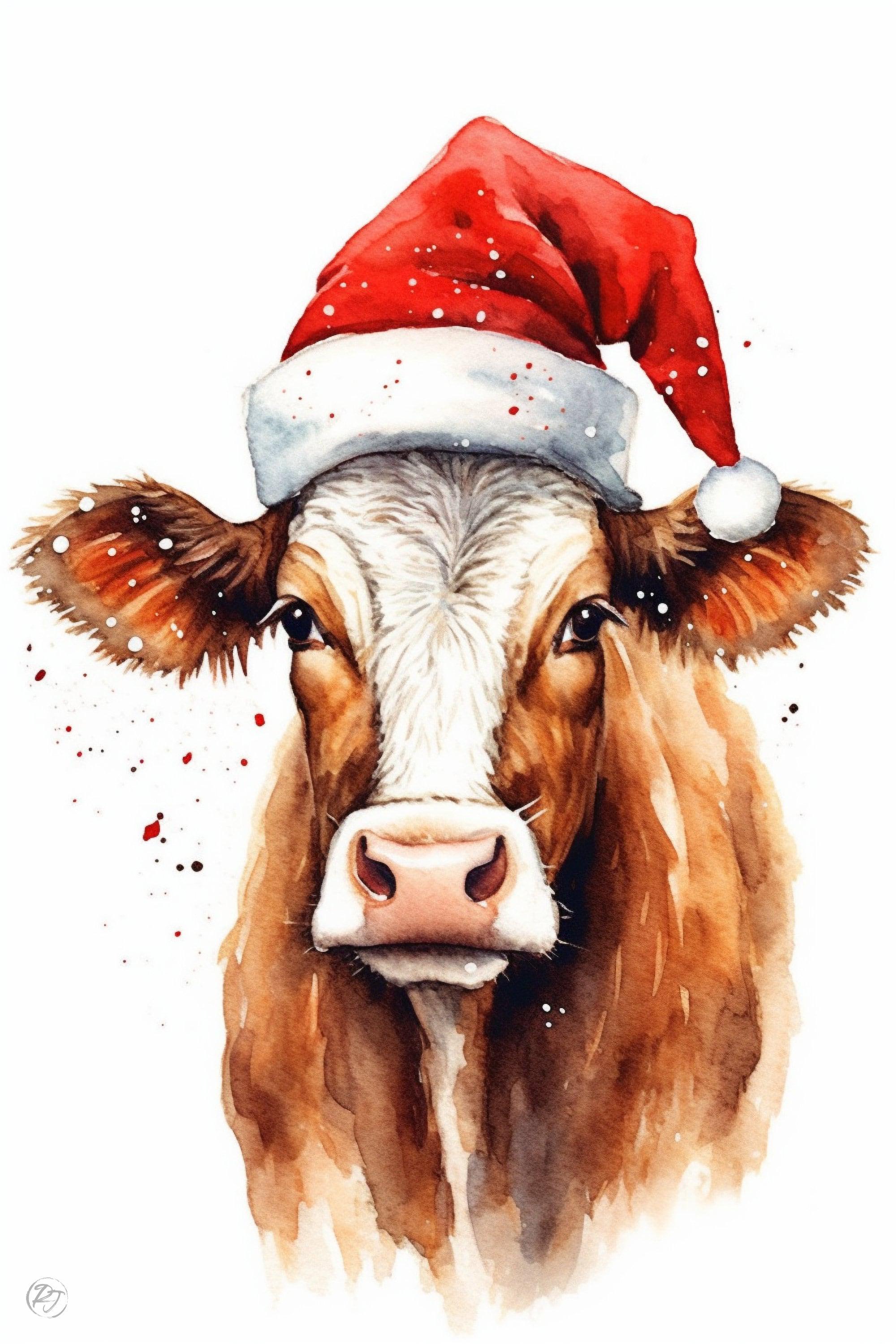 Christmas Cow Watercolor Holiday Wall Art, Giclee Print on Canvas, Artist Paper, Watercolor Paper, Available in Extra Large Sizes