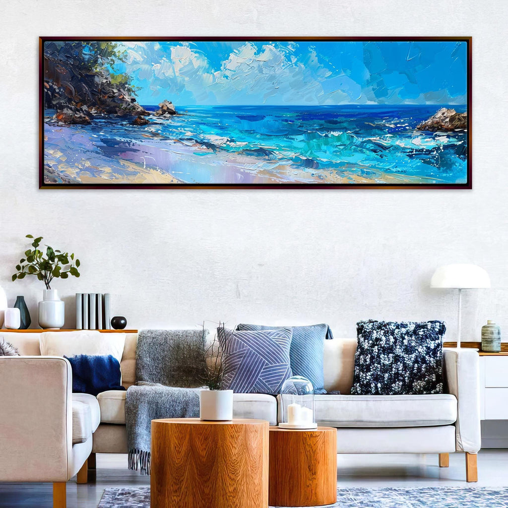 Coastal Wall Art - Large Framed Canvas With Blue Ocean Panorama, Ready to Hang