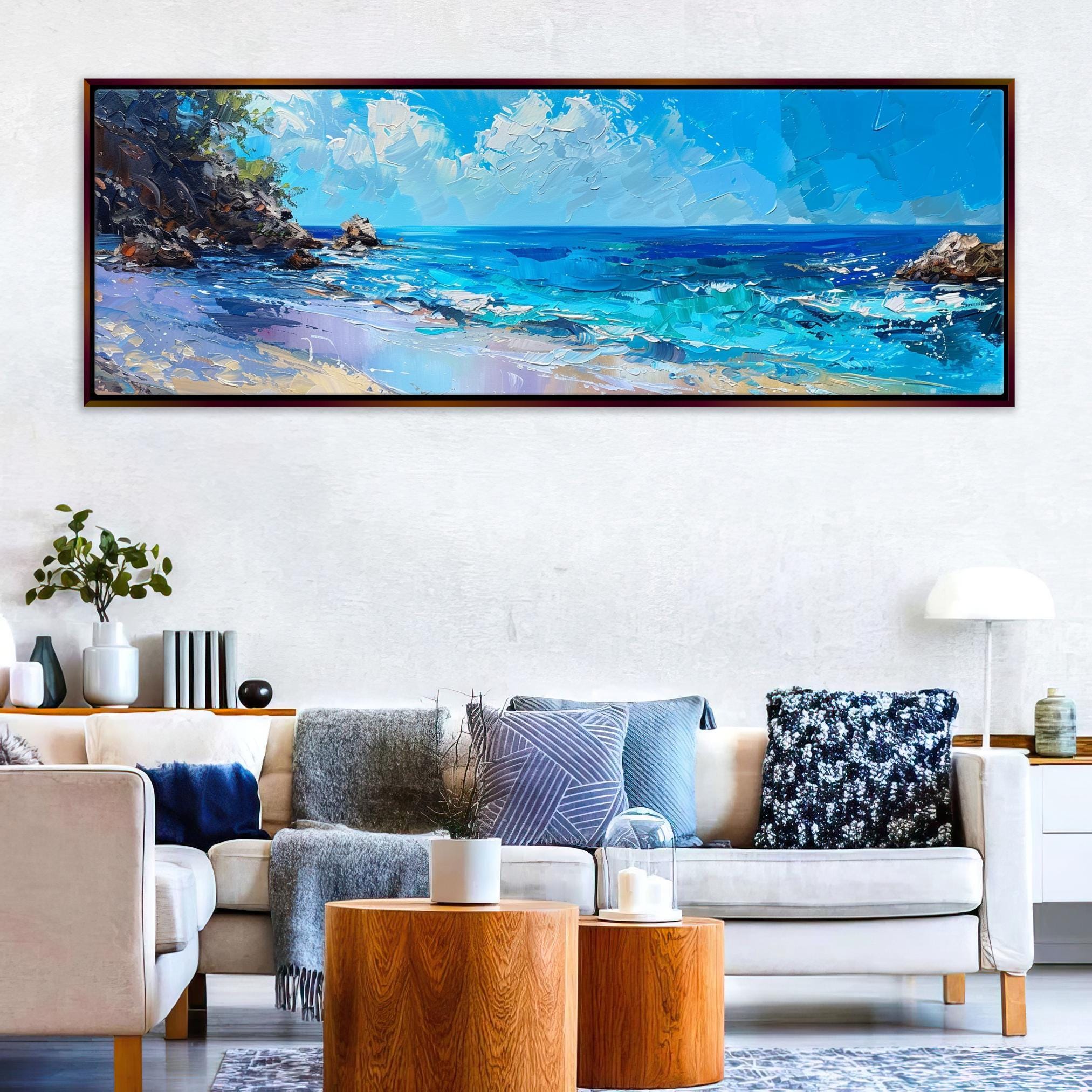 Coastal Wall Art - Large Framed Canvas With Blue Ocean Panorama, Ready to Hang