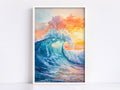 a large, powerful wave crashing against the shore, with the sky above displaying a beautiful sunset.