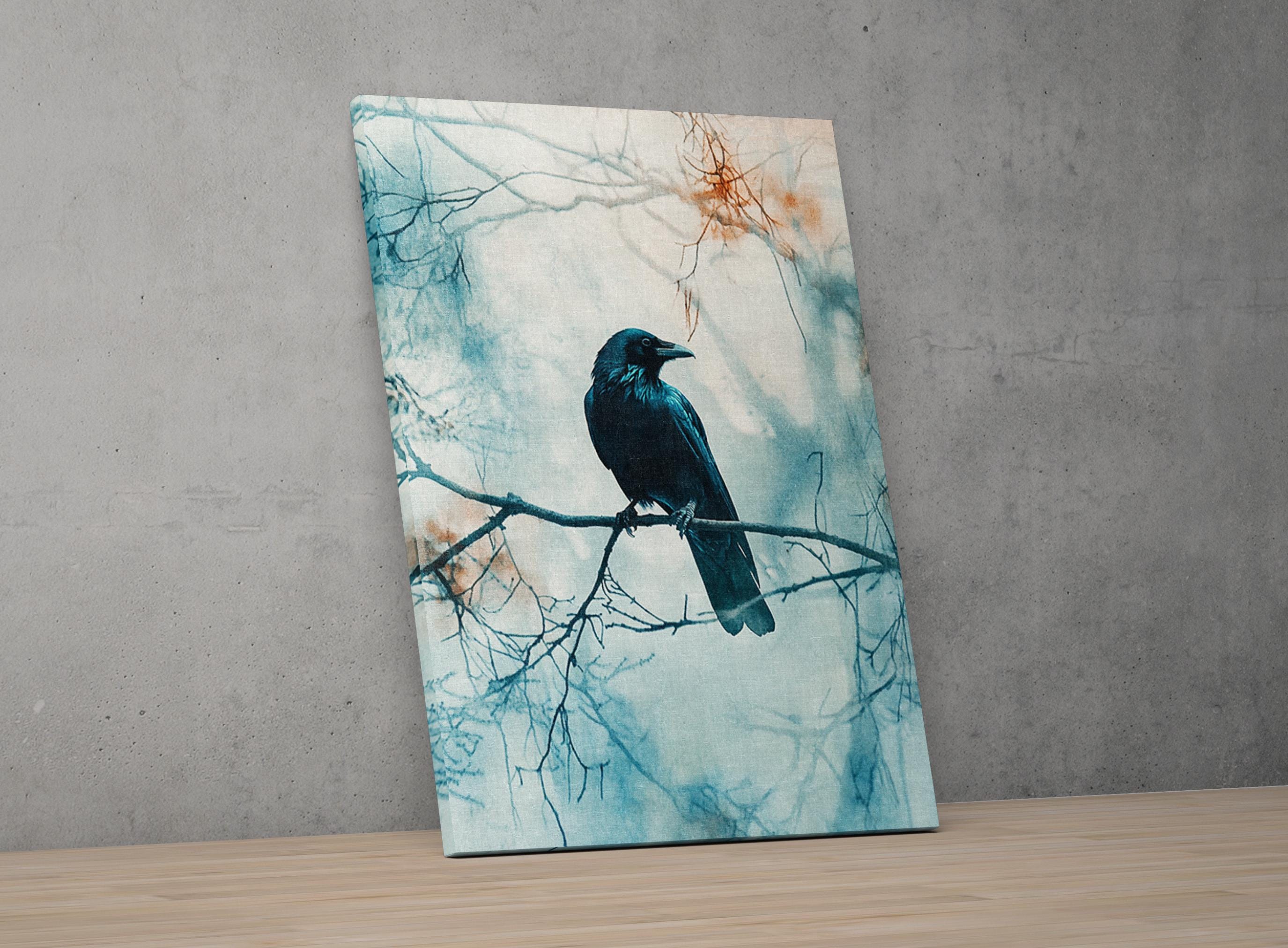 a black bird perched on a branch, with a blurred background of trees and foliage.