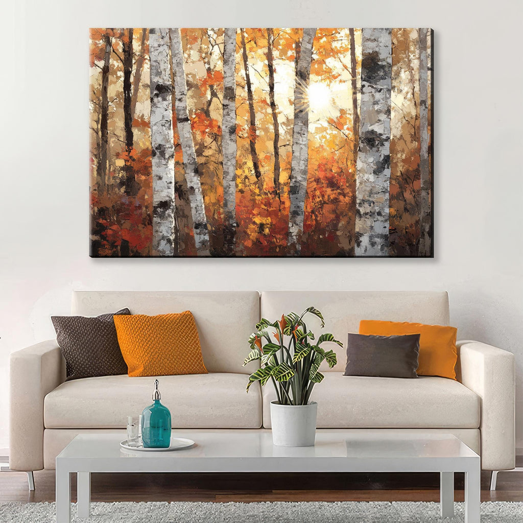 Autumn Birch Tree Wall Art - Extra Large Canvas | Cozy Fall Painting, Framed Birch Canvas