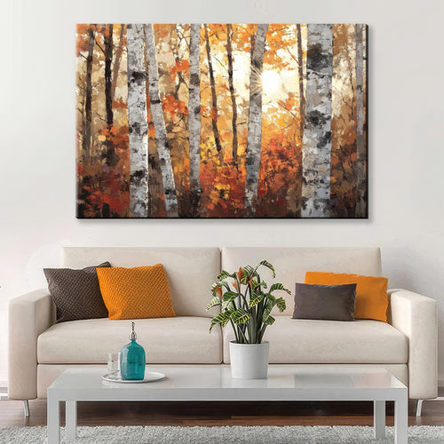 Autumn Birch Tree Wall Art - Extra Large Canvas | Cozy Fall Painting, Framed Birch Canvas