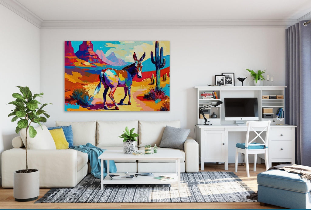 a modern living room with a large, colorful painting of a donkey in the desert hanging on the wall. The room is furnished with a white sofa, a coffee table, and a desk with a computer setup. The room also features a potted plant, a vase, and a bookshelf, creating a cozy and inviting atmosphere.