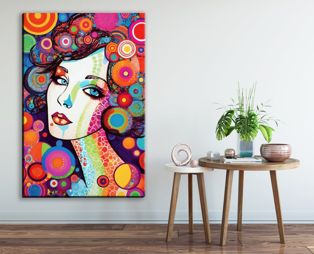 Retro Glam Canvas Art - Large Feminine Beauty Painting | Expressive Woman Face Pop Art