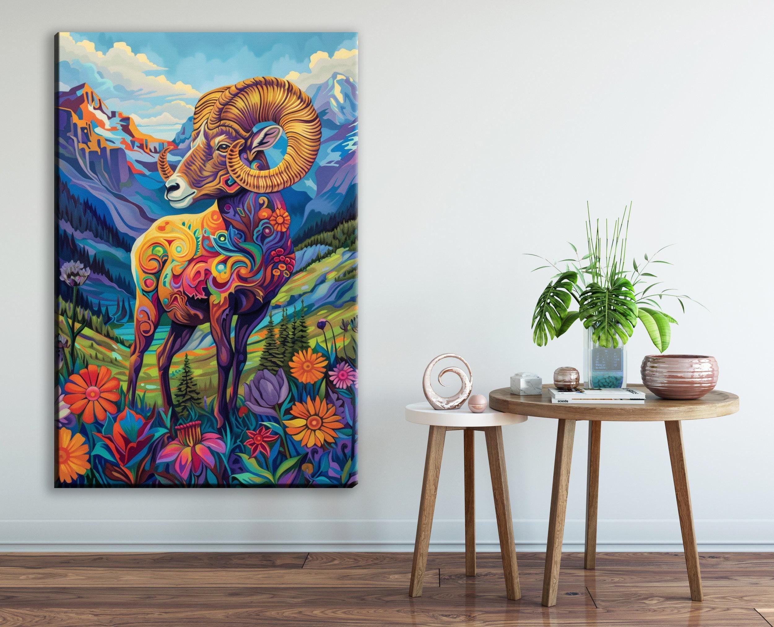 Bighorn Sheep Canvas – Vibrant Wildlife Painting on Gallery Wrapped Large Canvas Print