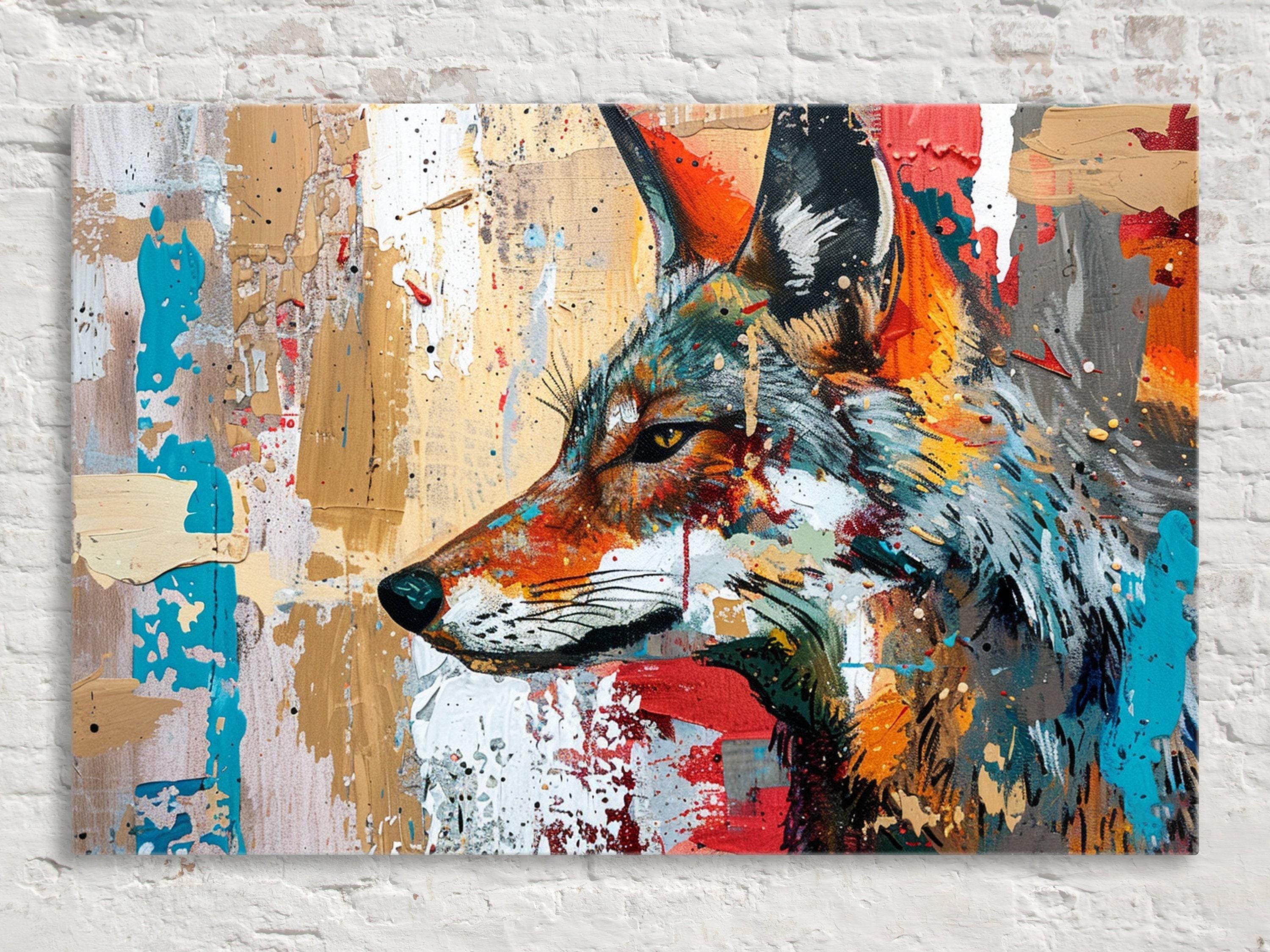 The image is a vibrant, colorful painting of a fox's head, featuring bold brushstrokes and splatters of paint in various colors such as red, orange, yellow, and blue.