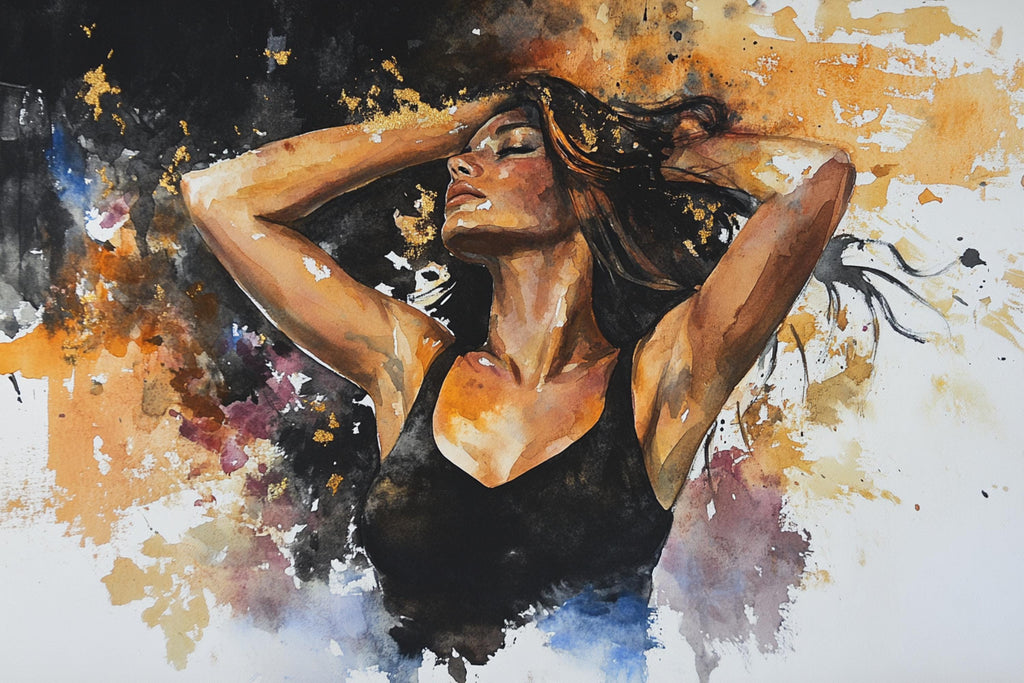 The image is a painting of a woman with her arms raised, wearing a black top, and her hair blowing in the wind.