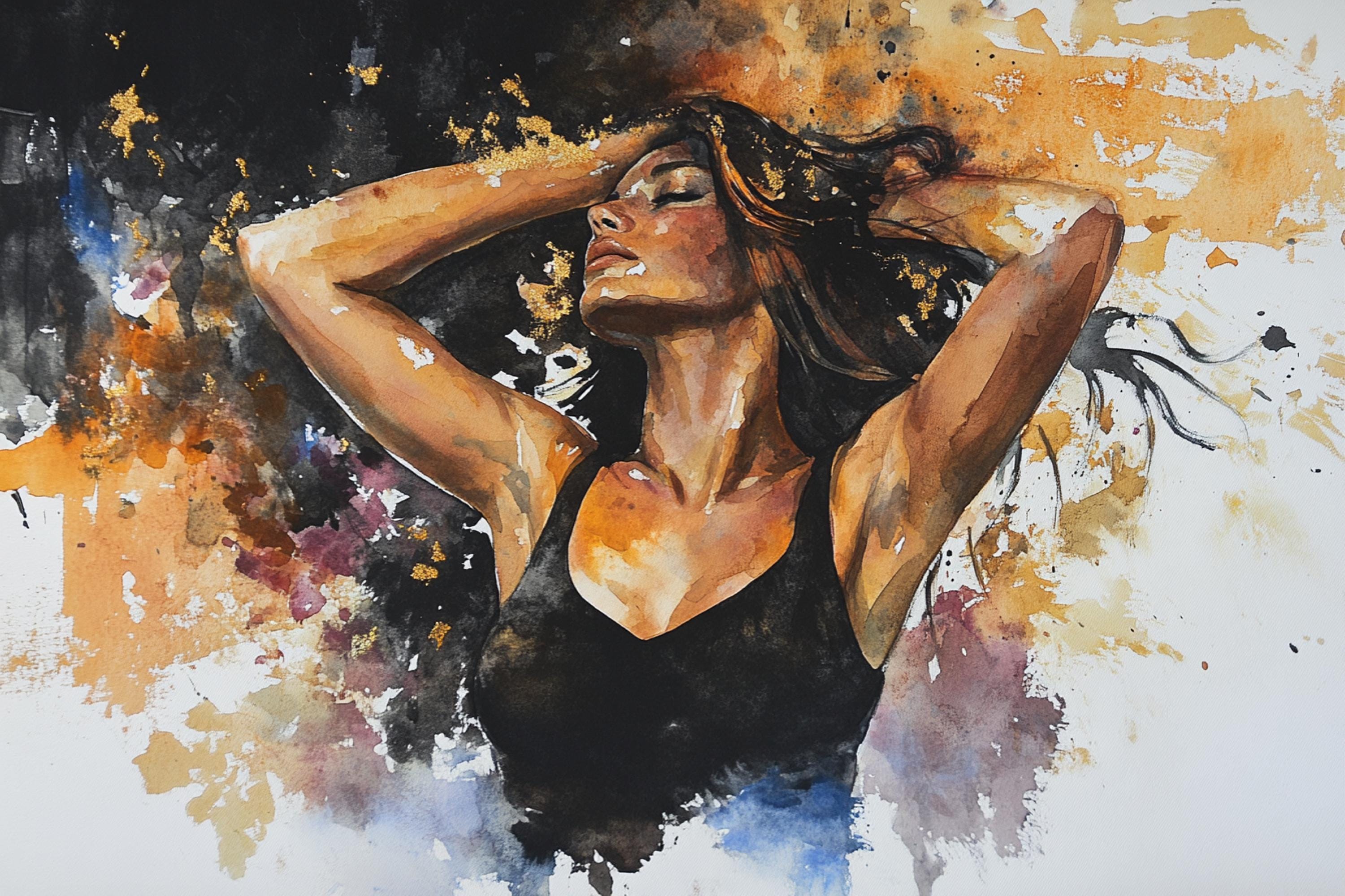 The image is a painting of a woman with her arms raised, wearing a black top, and her hair blowing in the wind.