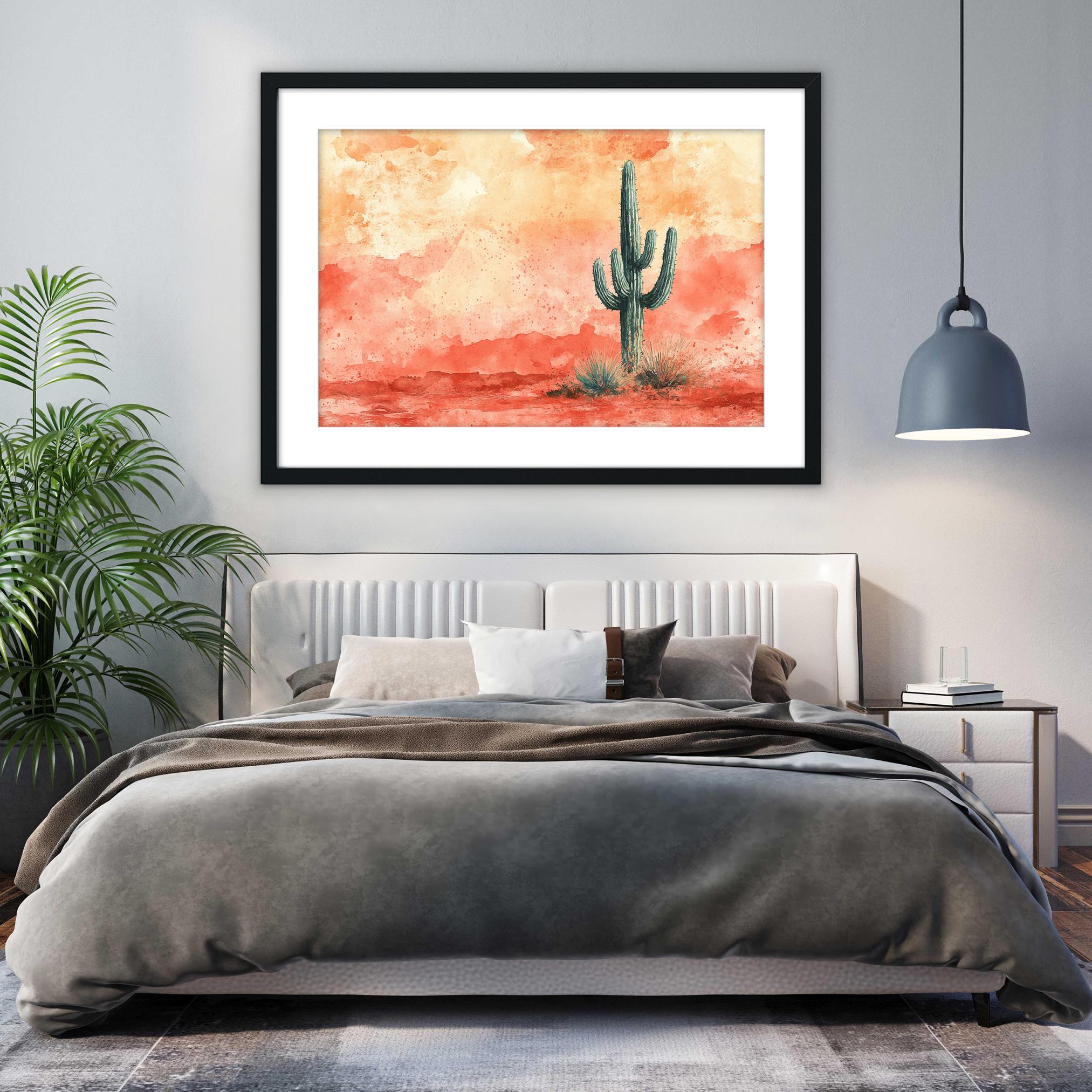 a serene bedroom scene with a large bed, a framed painting of a cactus on the wall, and a potted plant in the corner.