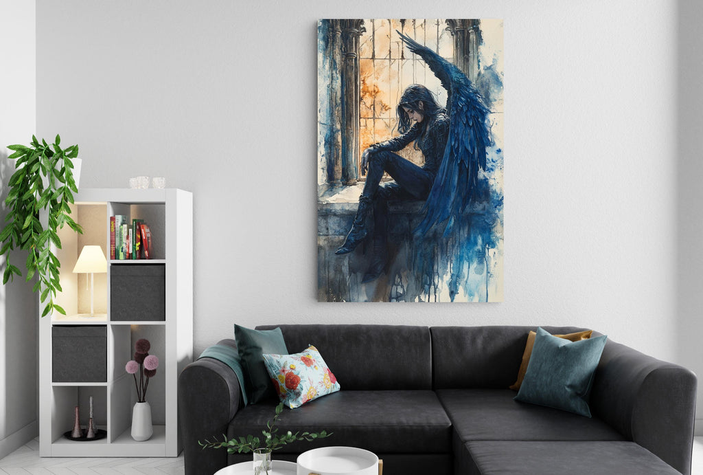 a living room with a black couch, a bookshelf, and a large painting of a winged figure on the wall.