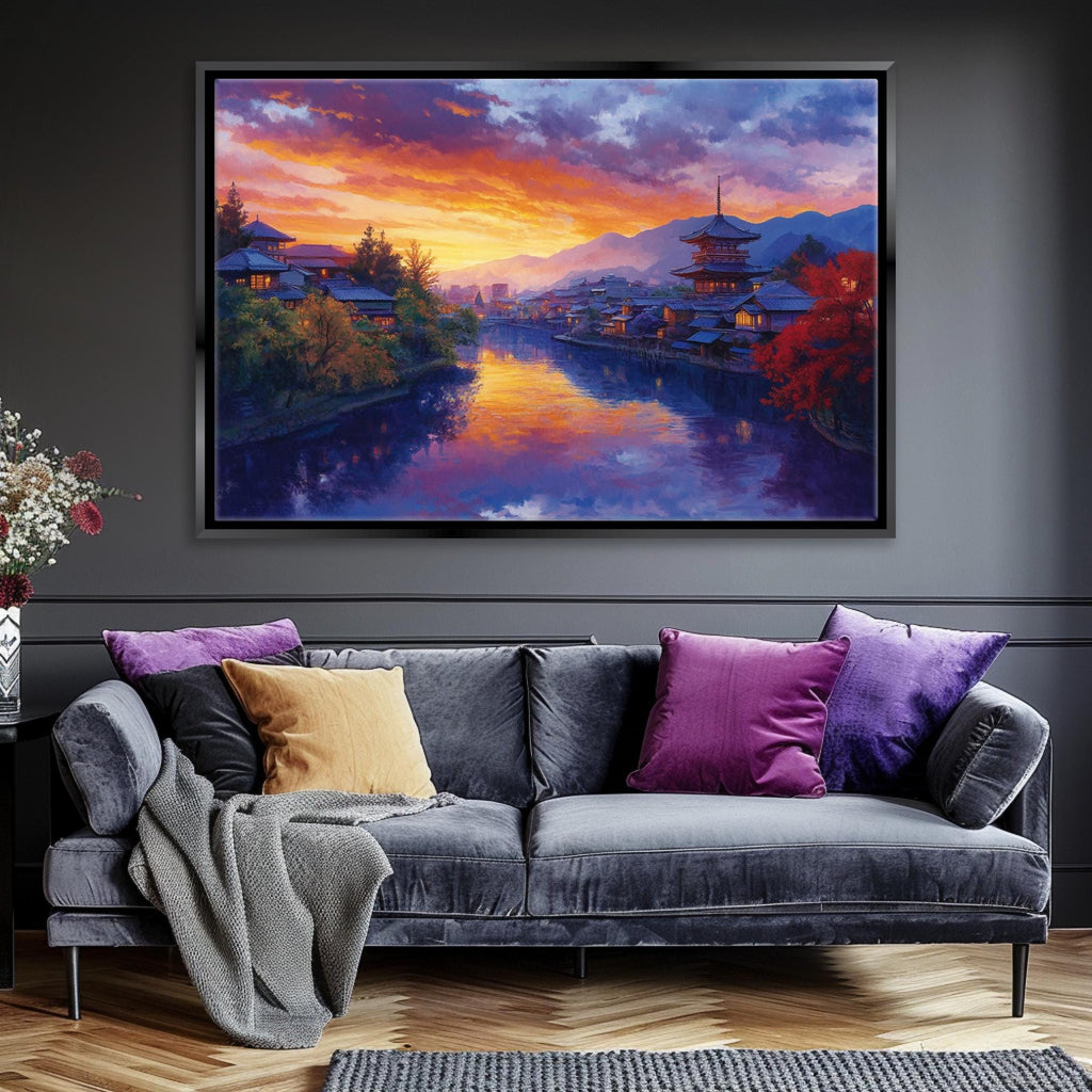 a living room with a couch and a painting on the wall