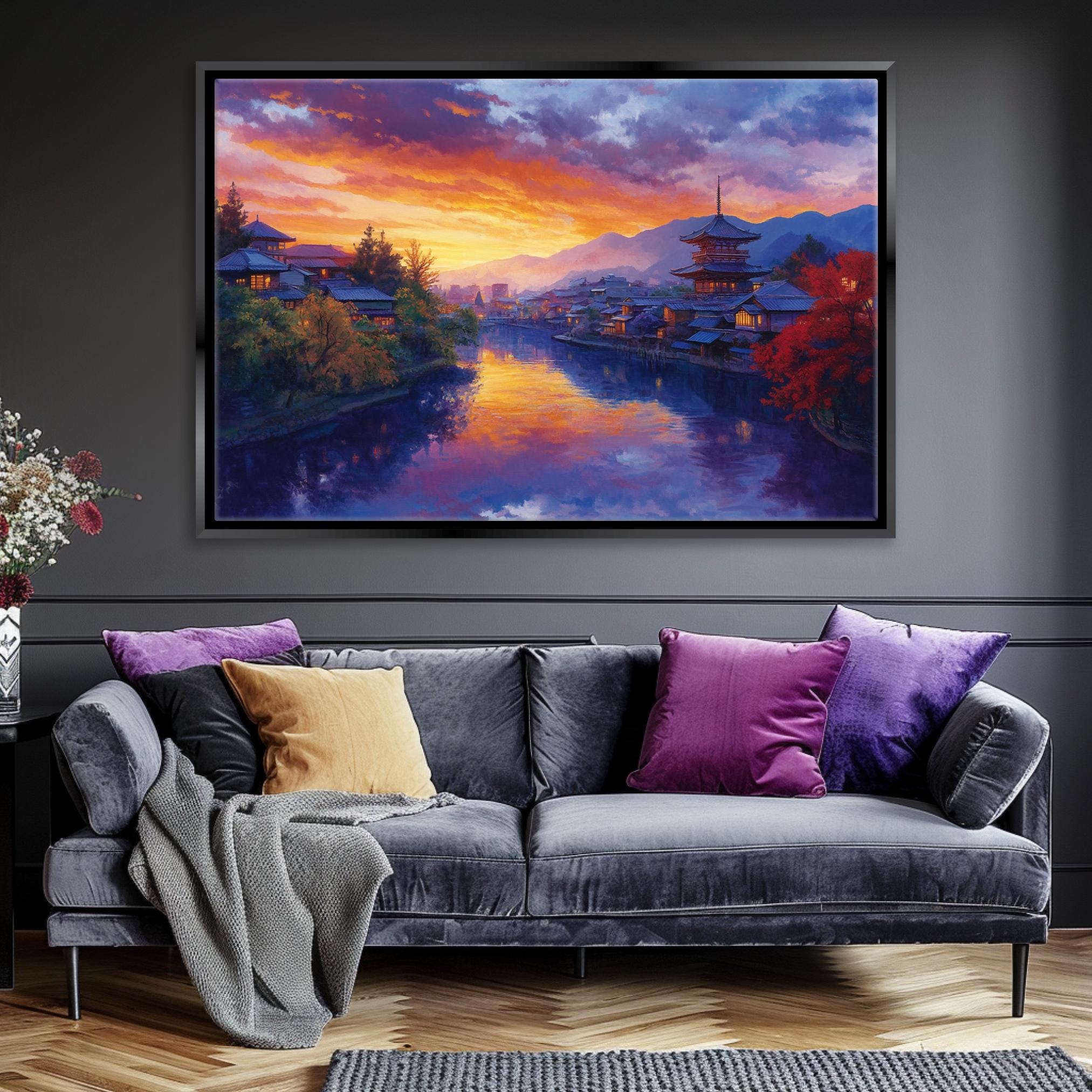 a living room with a couch and a painting on the wall
