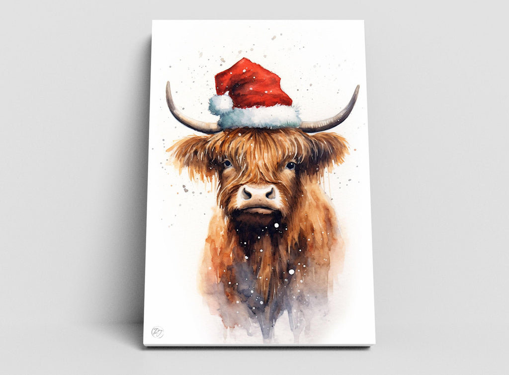 Festive Highland Cow in Santa Hat Watercolor Art, Giclee Print on Canvas, Artist Paper, Watercolor Paper, Available in Extra Large Sizes