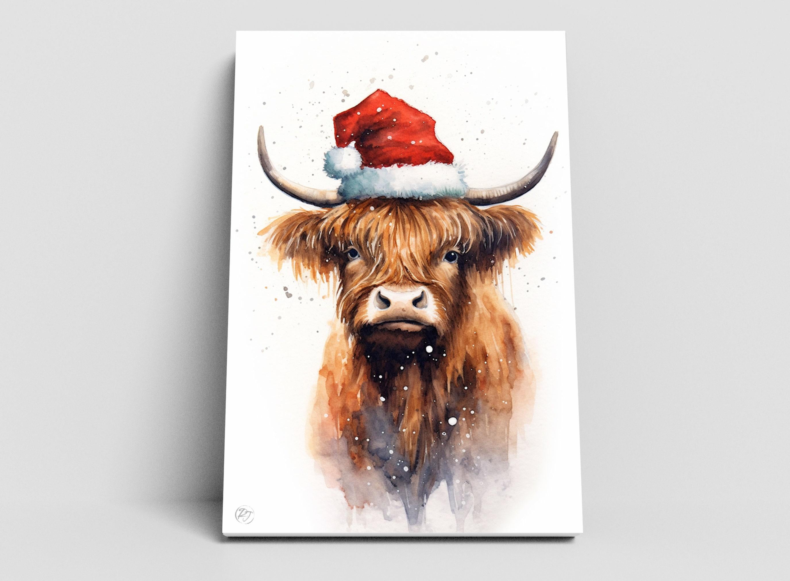 Festive Highland Cow in Santa Hat Watercolor Art, Giclee Print on Canvas, Artist Paper, Watercolor Paper, Available in Extra Large Sizes
