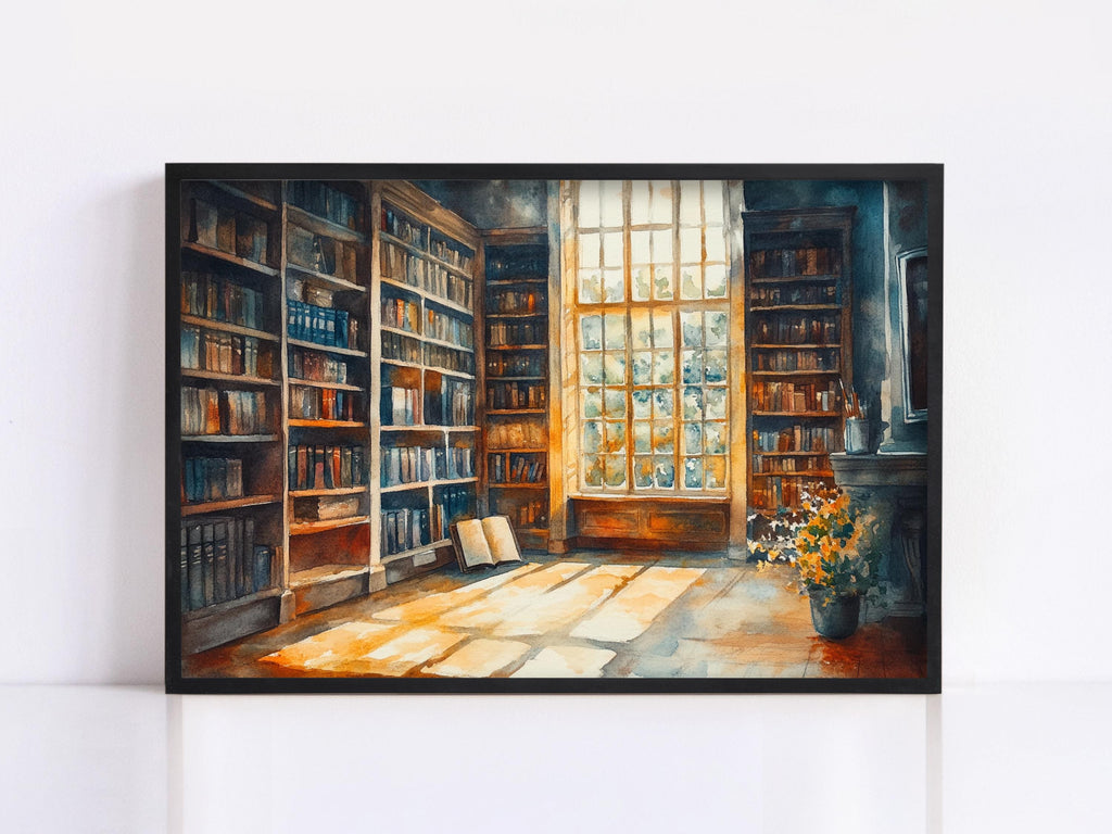 The image is a painting depicting a serene and cozy library scene, with tall bookshelves filled with books, a large window allowing natural light to illuminate the space, and a vase of flowers on a table.