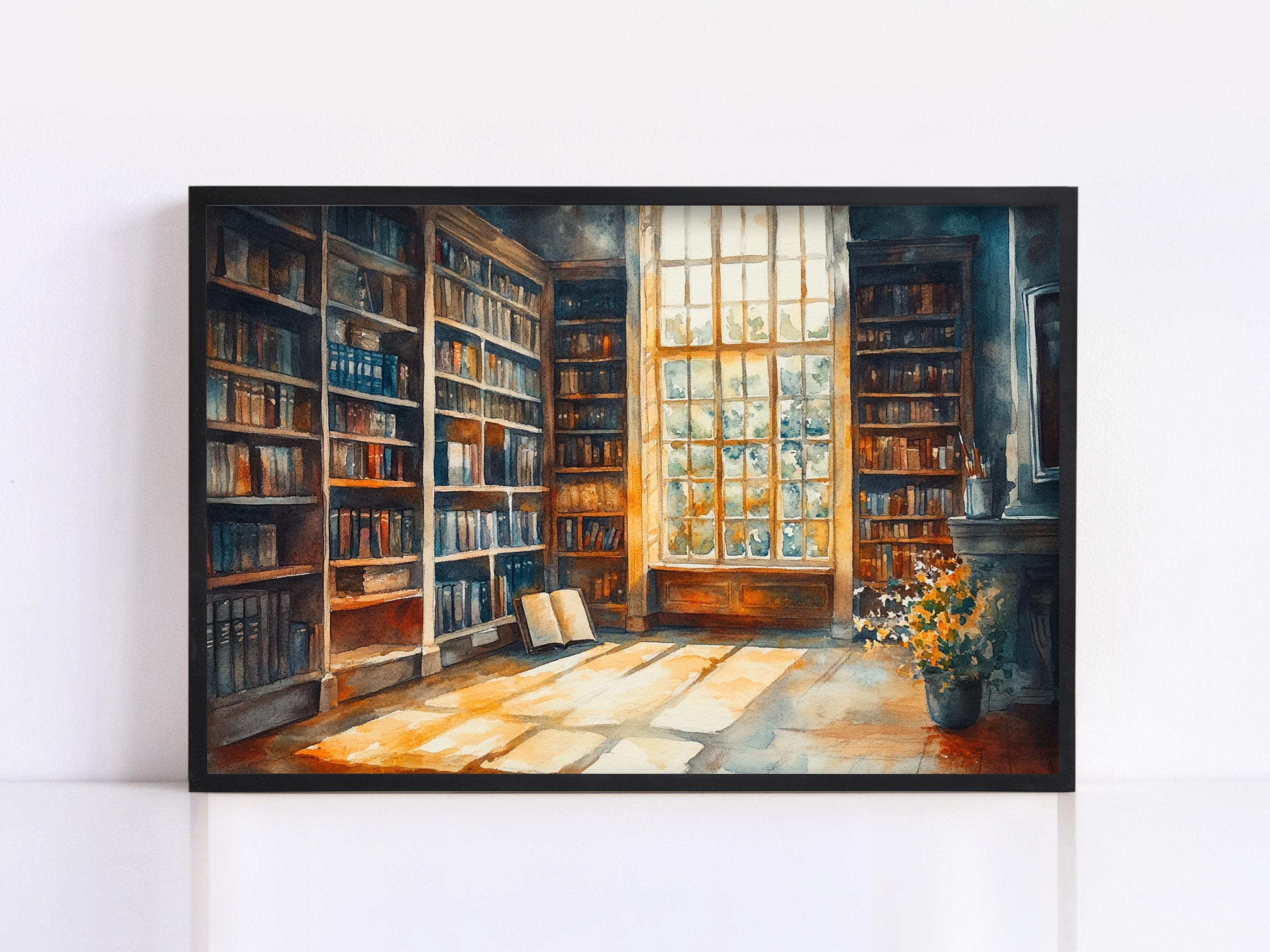 The image is a painting depicting a serene and cozy library scene, with tall bookshelves filled with books, a large window allowing natural light to illuminate the space, and a vase of flowers on a table.