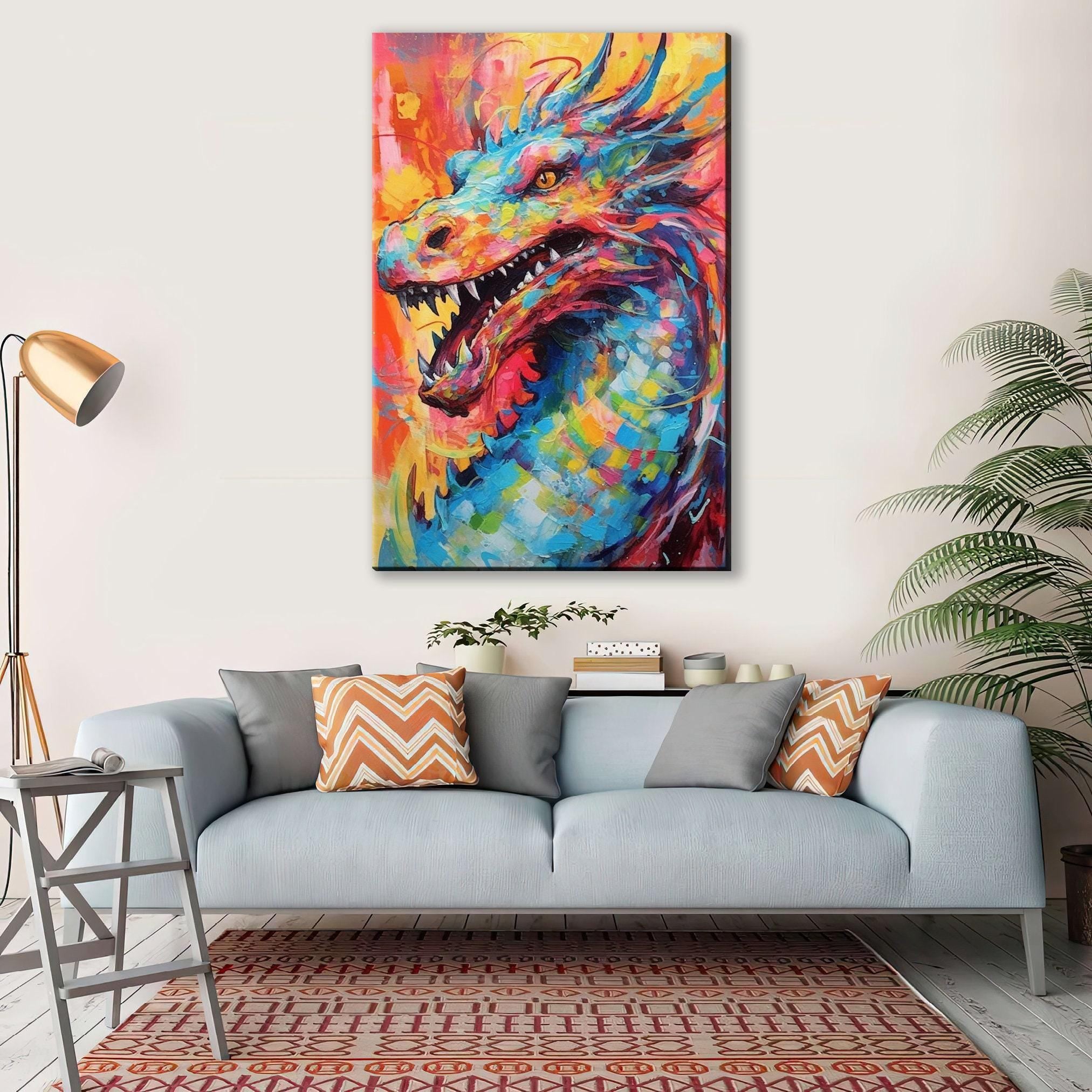 Dragon Canvas Art - Large Pop Art Painting on Gallery Ready Canvas for Fantasy Wall Decor