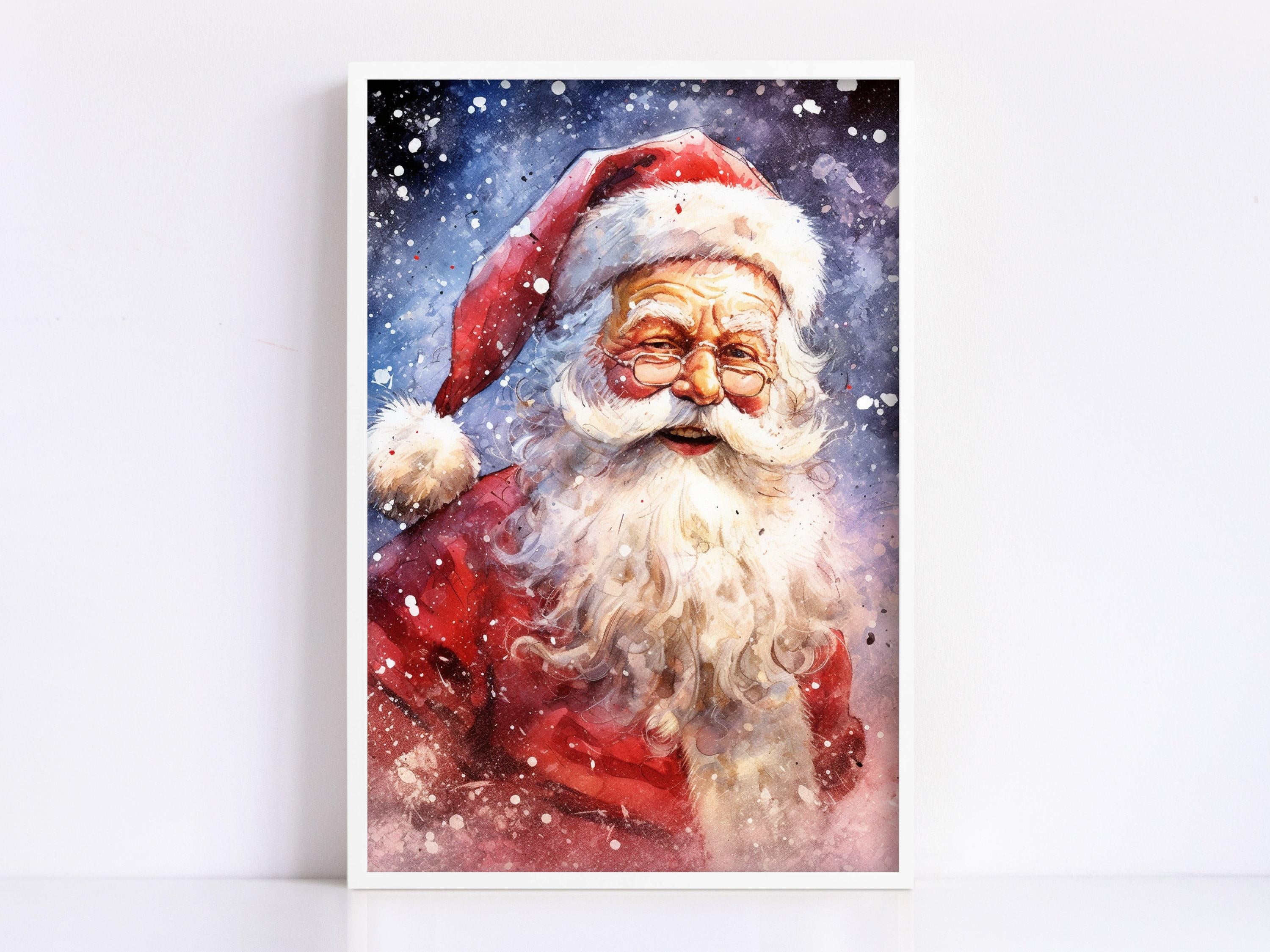 Santa Christmas Watercolor - Winter Wonderland Decor, Giclee Print on Canvas, Artist Paper, Watercolor Paper, Available in Extra Large Sizes