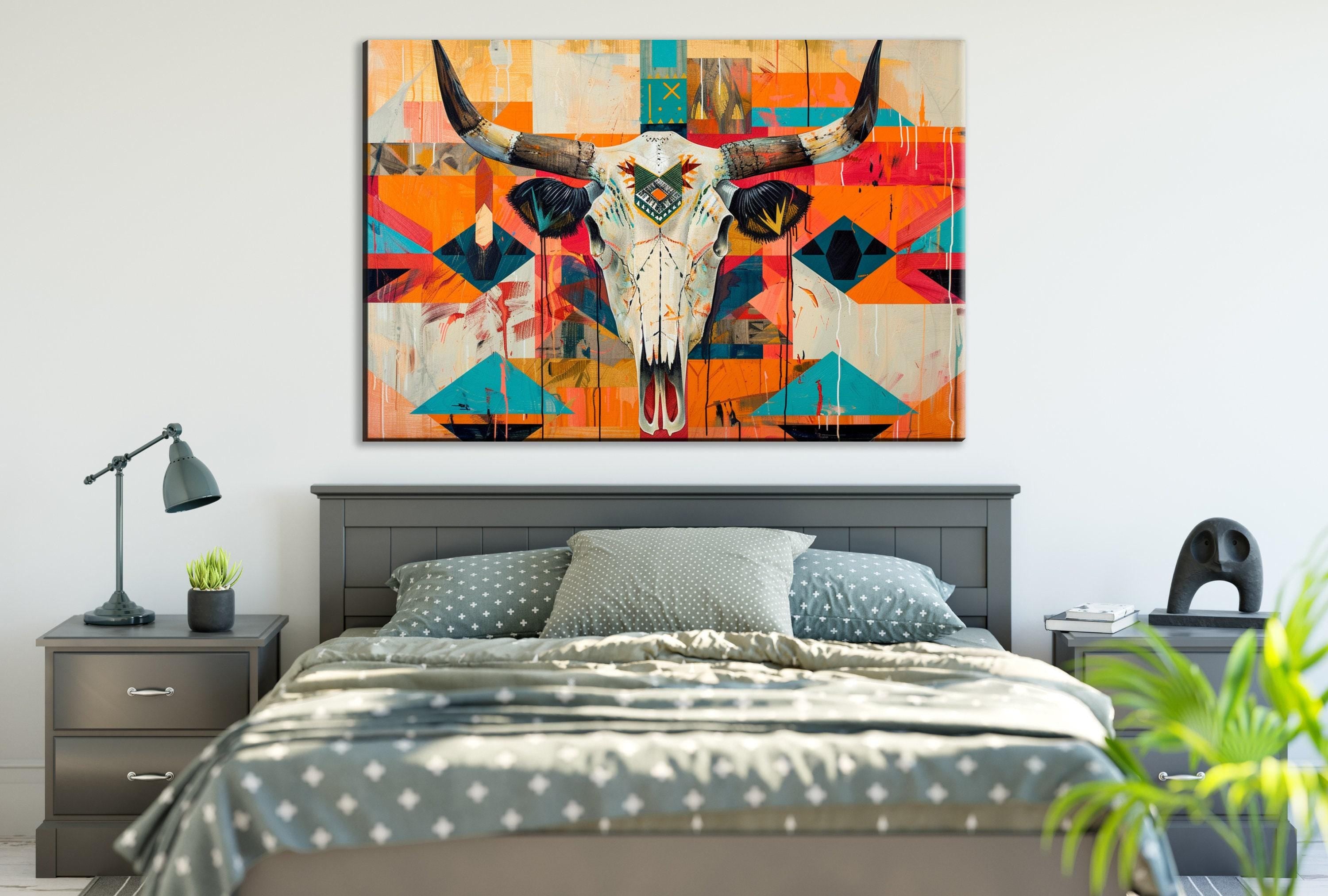 Native Cow Skull Art – Southwest Native Art on Extra Large Gallery Wrapped Canvas