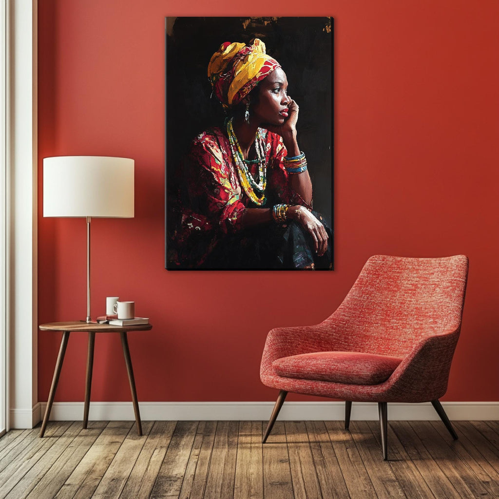 a painting of a woman with a turban on a red wall