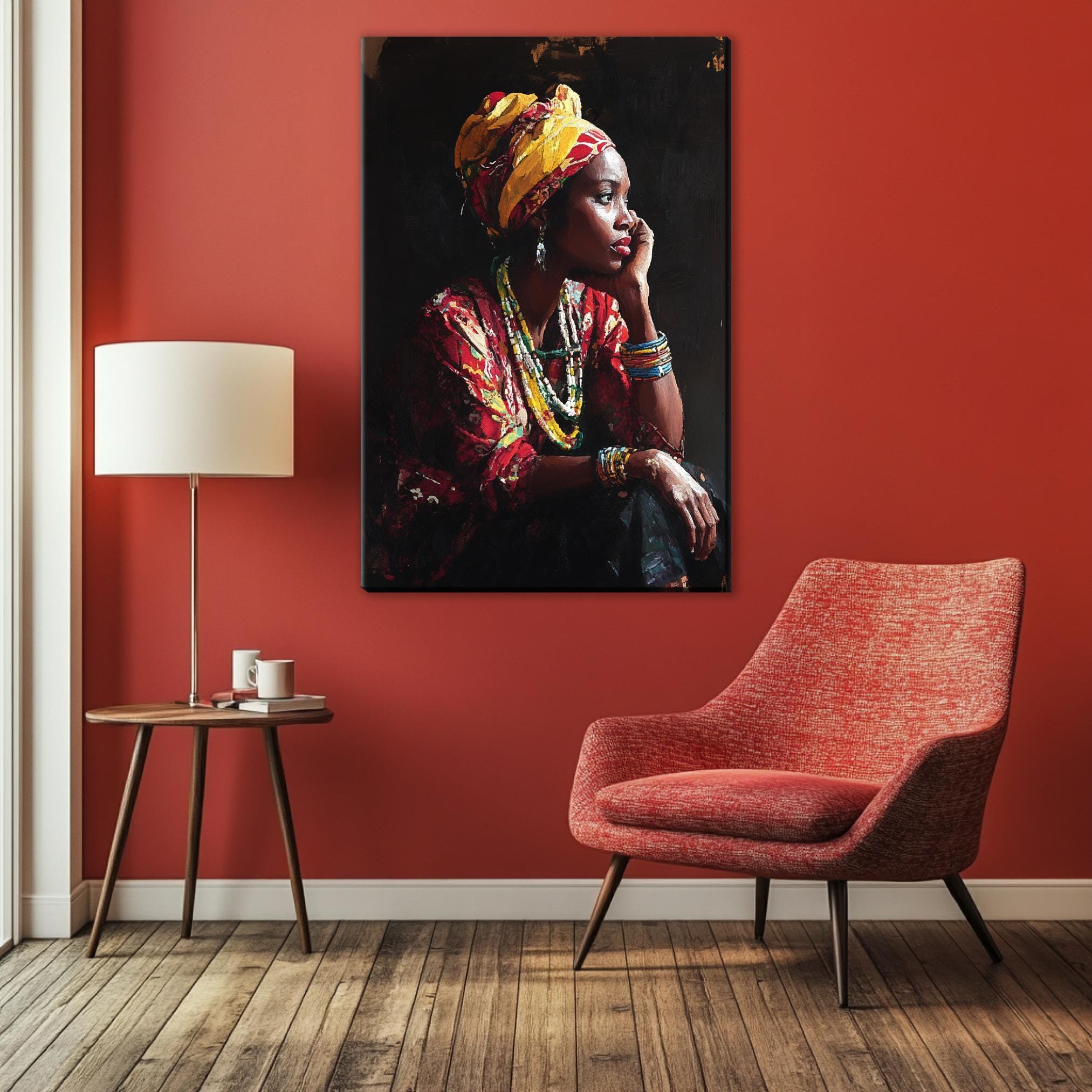a painting of a woman with a turban on a red wall
