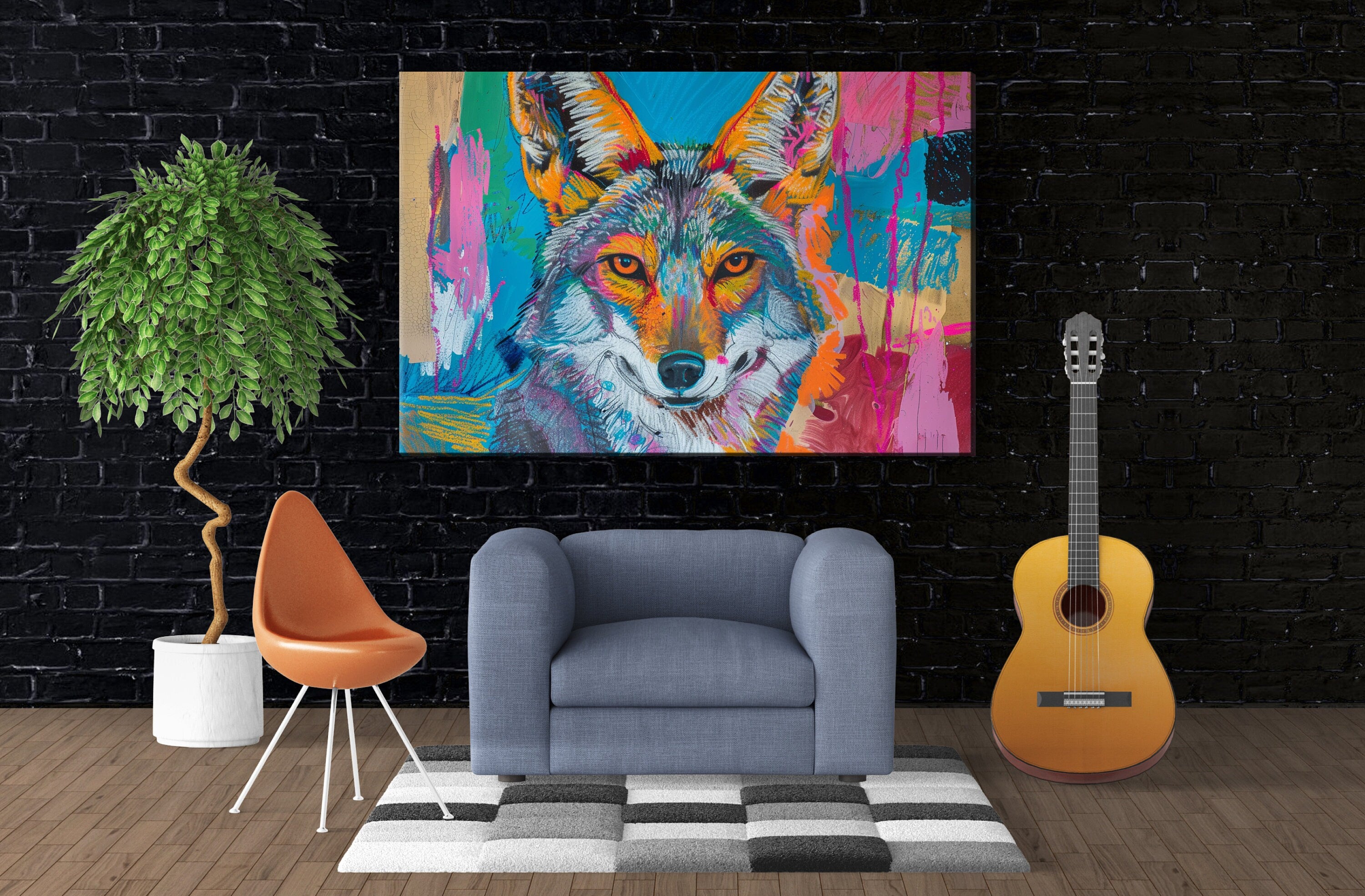 Modern Coyote Canvas – Large Gallery Wrapped Pop Art Style Coyote Print, Ready to Hang