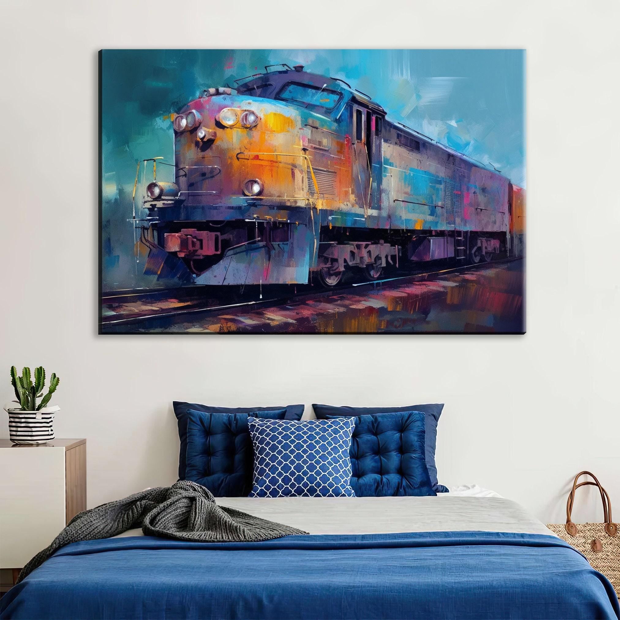 Train Canvas Wall Art - Modern Abstract Painting | Large Colorful Train Art Print