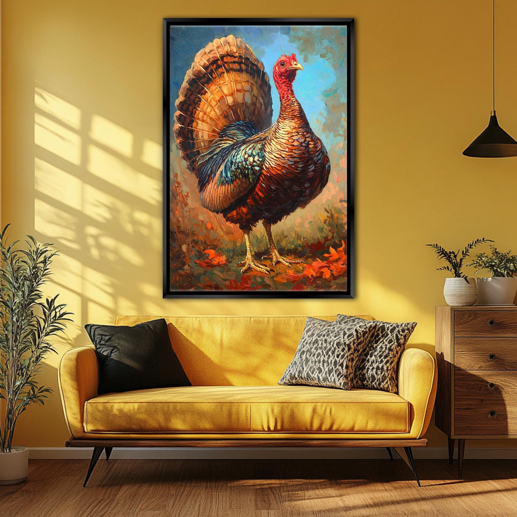 a large, colorful painting of a turkey hanging on a yellow wall above a yellow couch with decorative pillows.