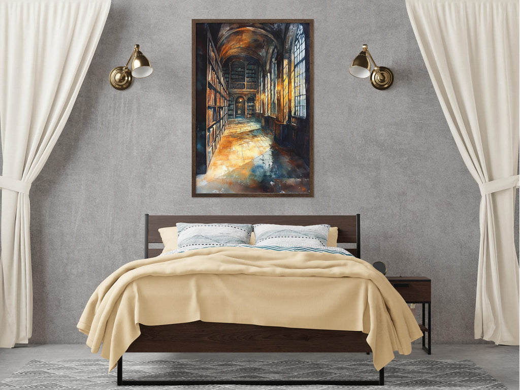 a bedroom with a large bed, a nightstand, and a painting of a hallway with a bookcase above it. The painting is hanging on the wall above the bed, and the room has a neutral color scheme with beige curtains and a gray wall.