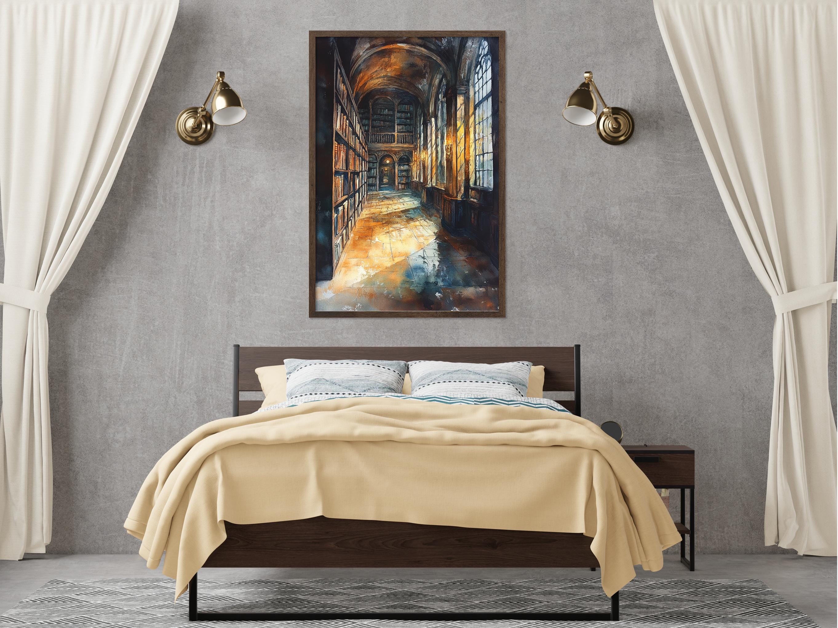 a bedroom with a large bed, a nightstand, and a painting of a hallway with a bookcase above it. The painting is hanging on the wall above the bed, and the room has a neutral color scheme with beige curtains and a gray wall.