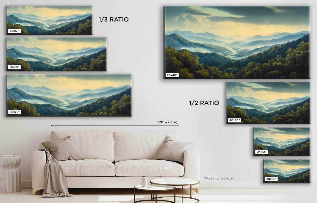 Panoramic Smoky Mountains Wall Art Canvas, Framed or Unframed, Long Horizontal Gallery-wrapped Giclée, Ready to Hang, Extra Large Wall Art