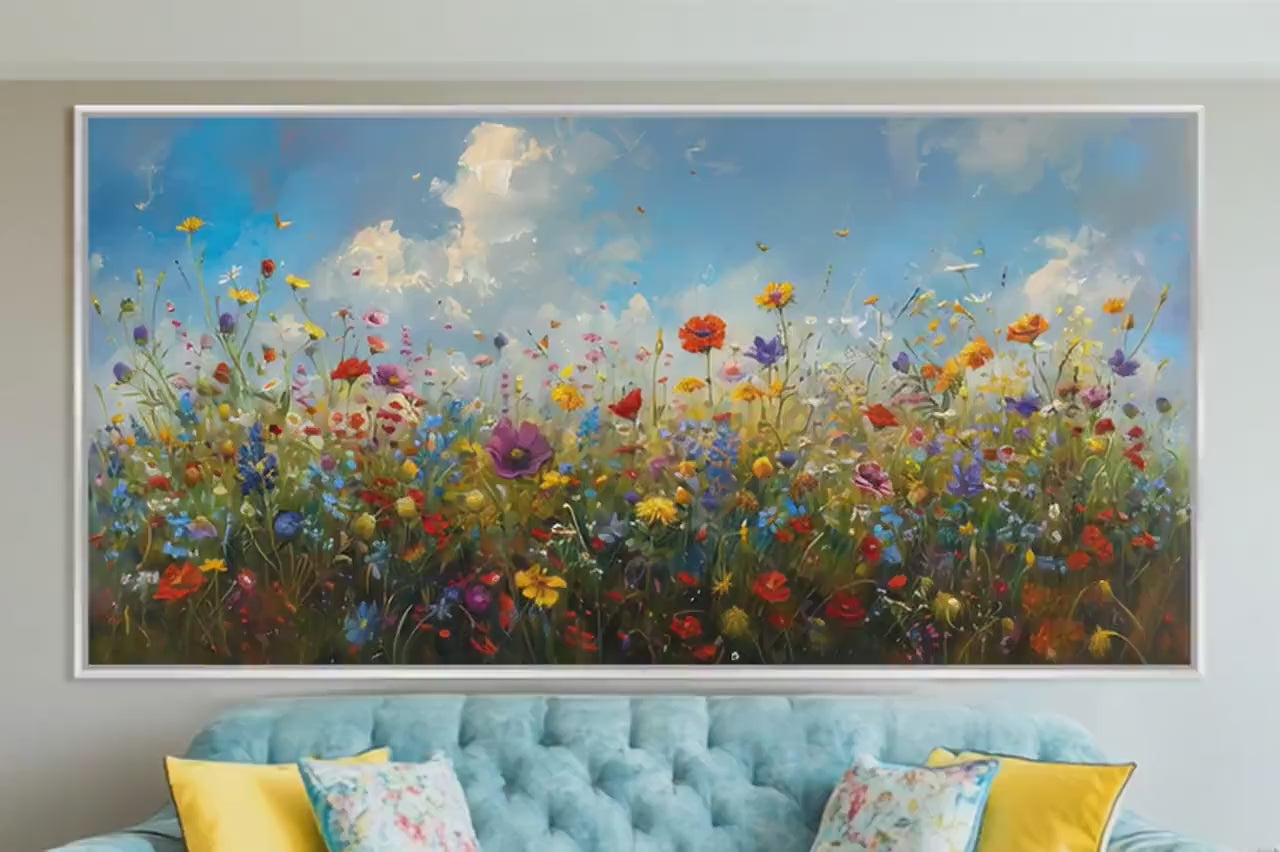 Panoramic Wildflower Wall Art – Framed Canvas Print | Extra Large Botanical Wall Decor