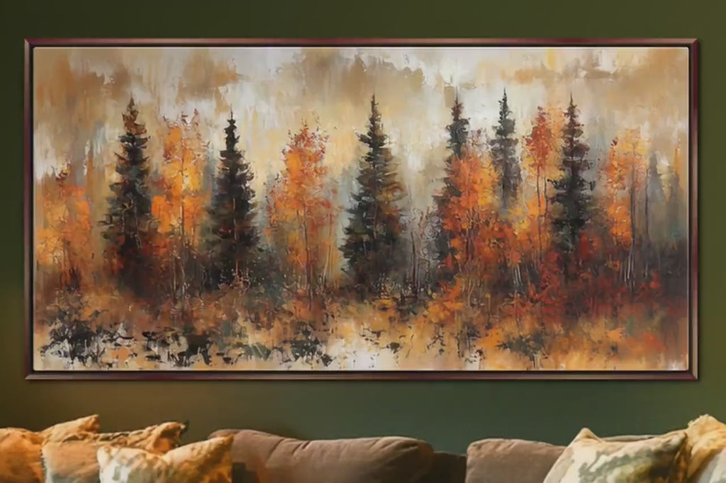 Autumn Pine Trees Canvas - Panoramic Wall Art | Orange Green Forest, Ready to Hang