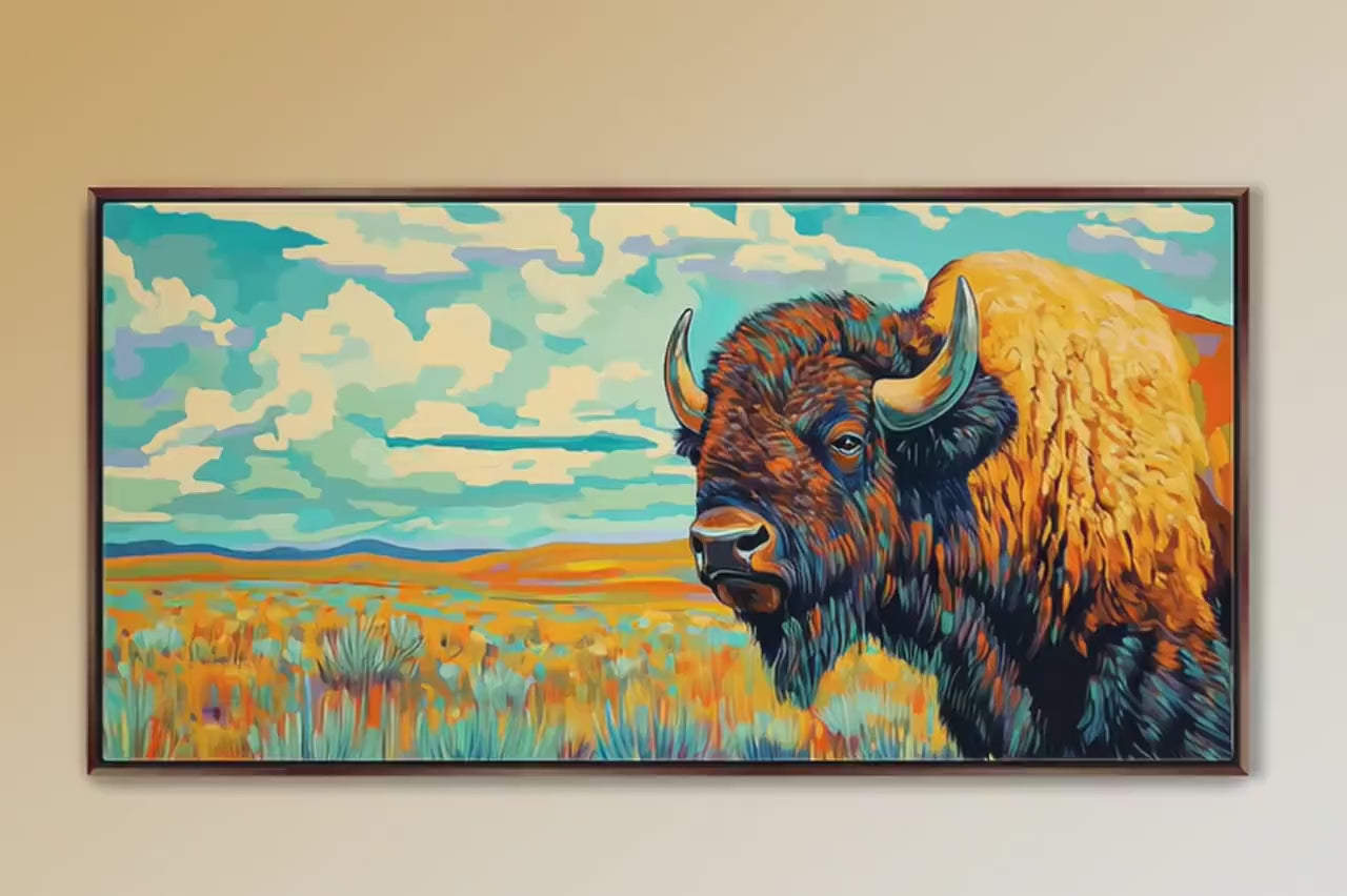 American Buffalo Wall Art – Panoramic Framed Canvas, Extra Large Gallery Wrapped Print