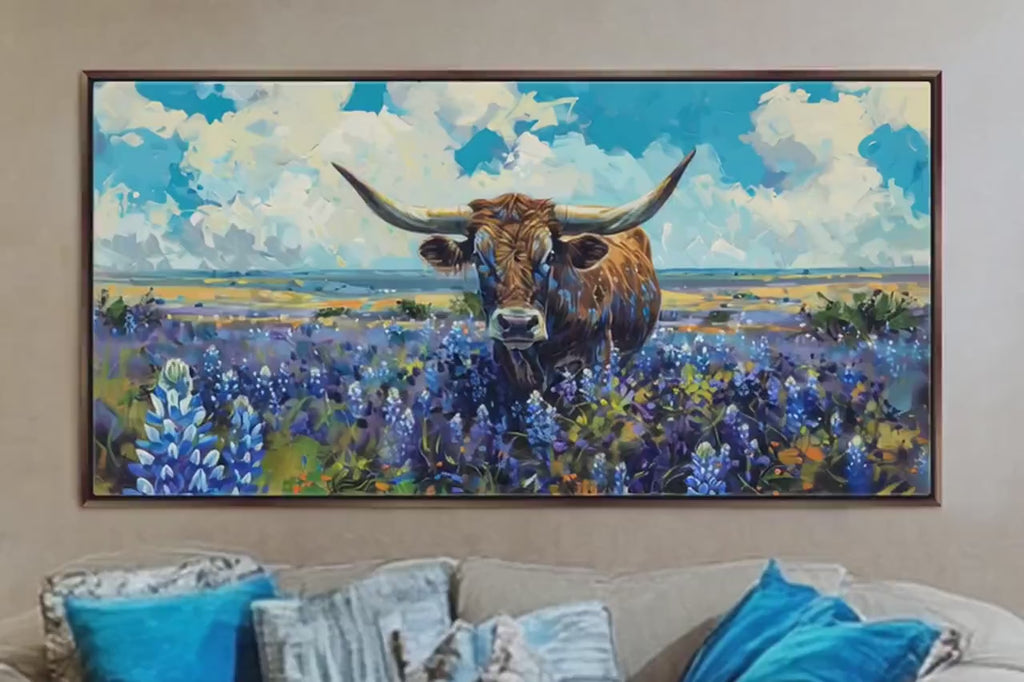 Texas Longhorn Canvas Art – Rustic Western Wall Decor | Framed, Ready to Hang