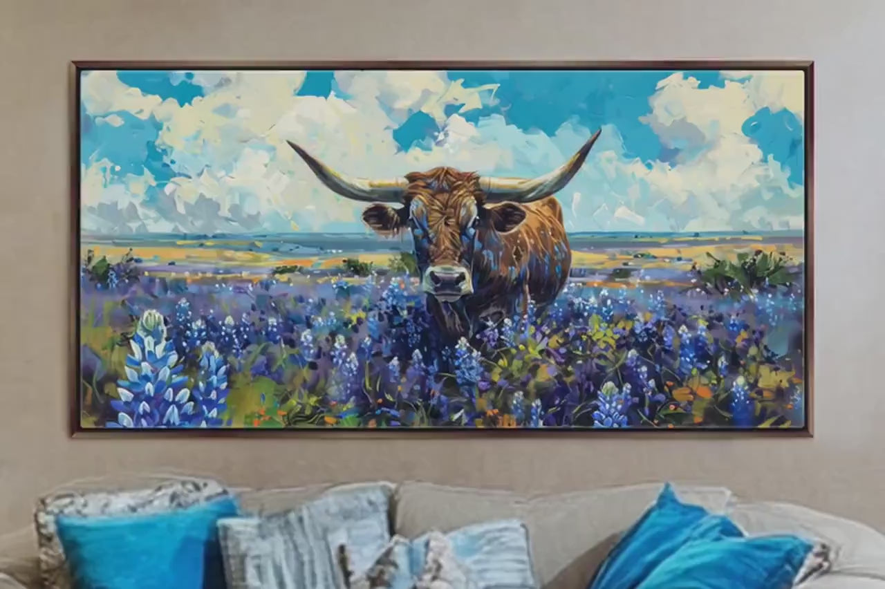 Texas Longhorn Canvas Art – Rustic Western Wall Decor | Framed, Ready to Hang