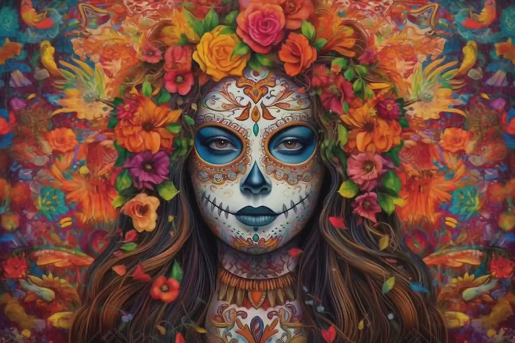 Day Of The Dead Art – Vibrant Sugar Skull Wall Art | Latin Festive Floral Canvas