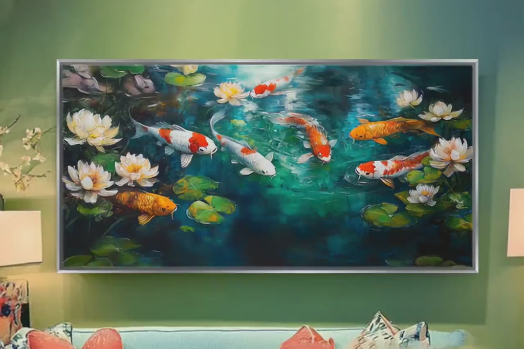 Koi Fish Wall Art - Oversized Panoramic Canvas with Wood Frame | Calming Zen Japanese Decor