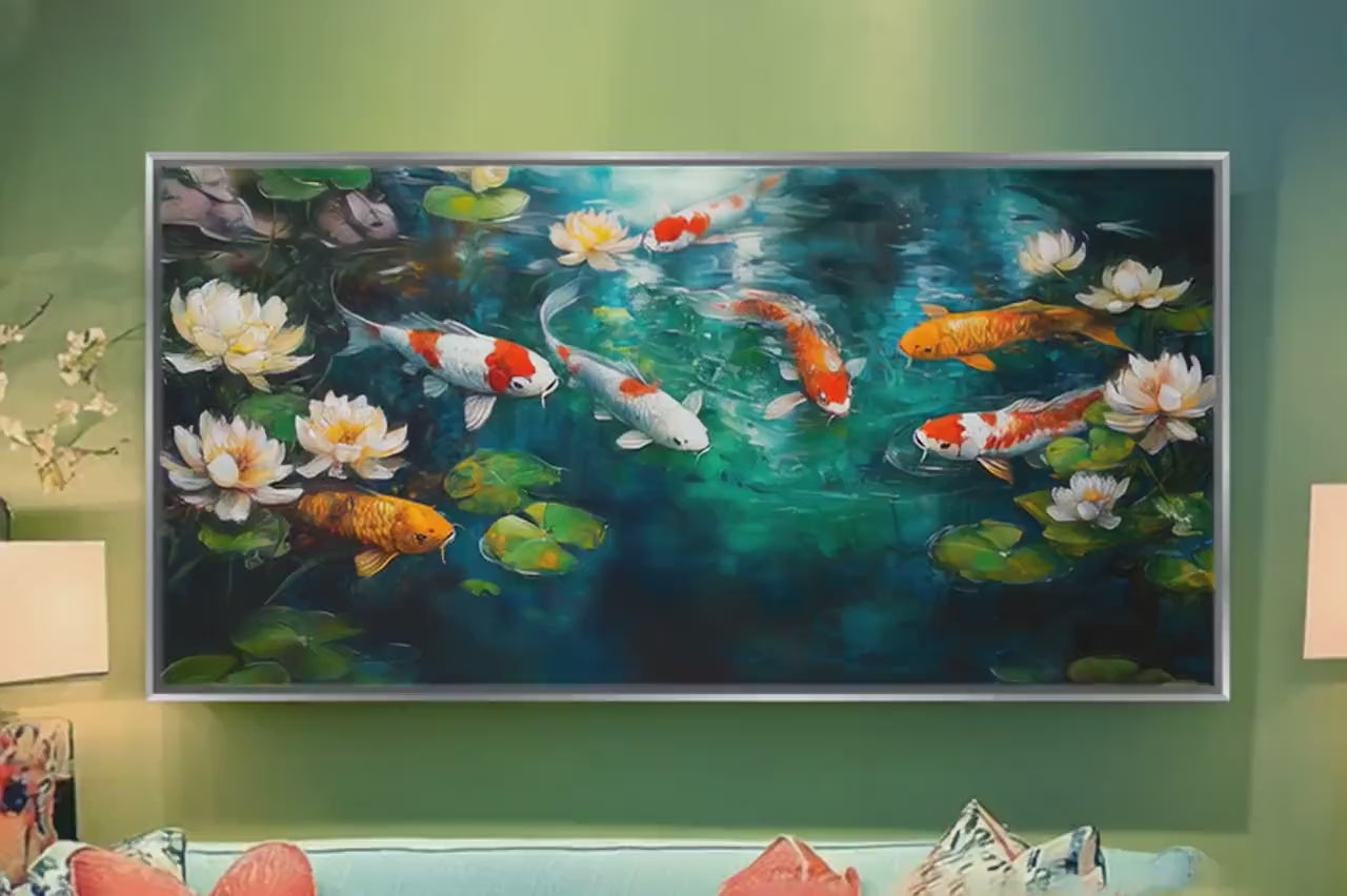 Koi Fish Wall Art - Oversized Panoramic Canvas with Wood Frame | Calming Zen Japanese Decor