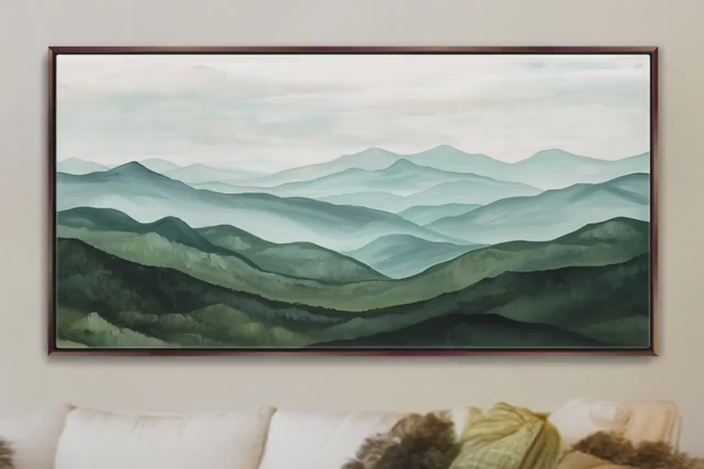 Watercolor Mountain Art – Sage Green Panoramic Wall Art | Framed Canvas, Oversized
