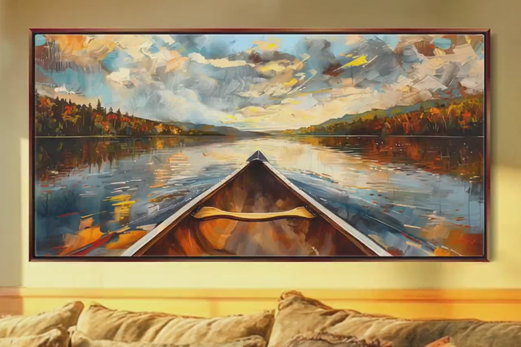 Panoramic Canoe Canvas - Lakehouse Wall Art | Framed Oversized River Scene